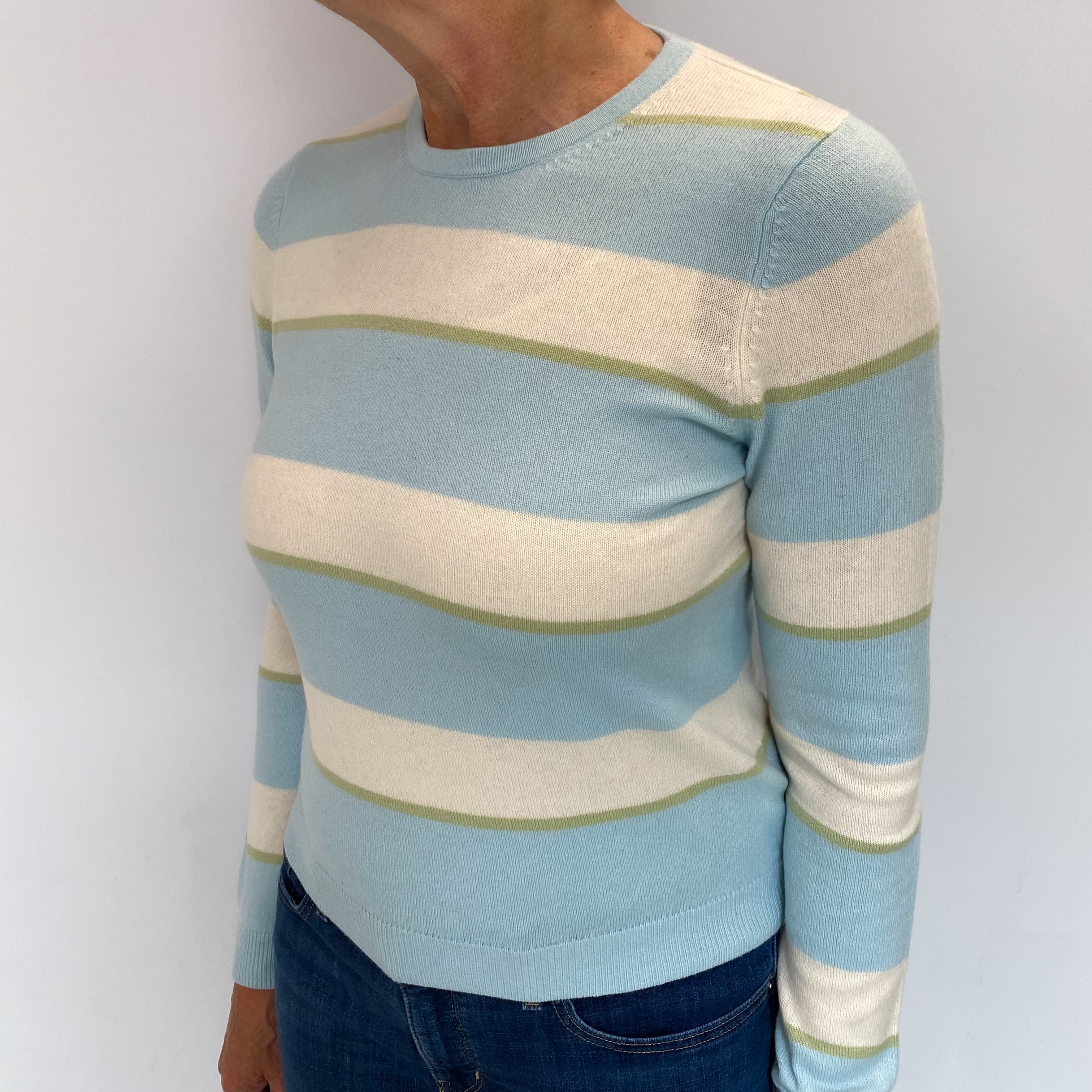 Powder Blue Striped Cashmere Crew Neck Jumper Medium