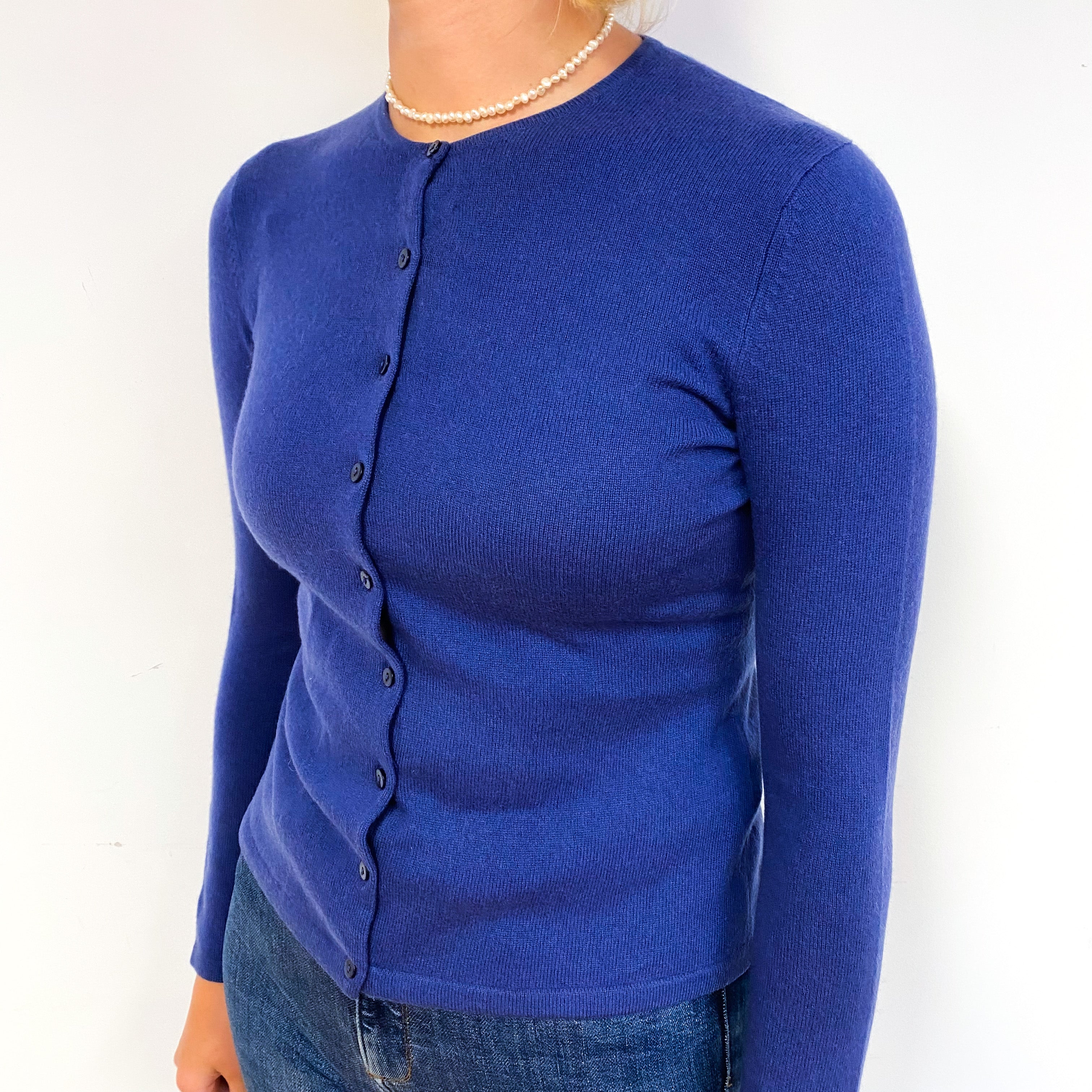 Admiral Blue Cashmere Crew Neck Cardigan Small/Petite