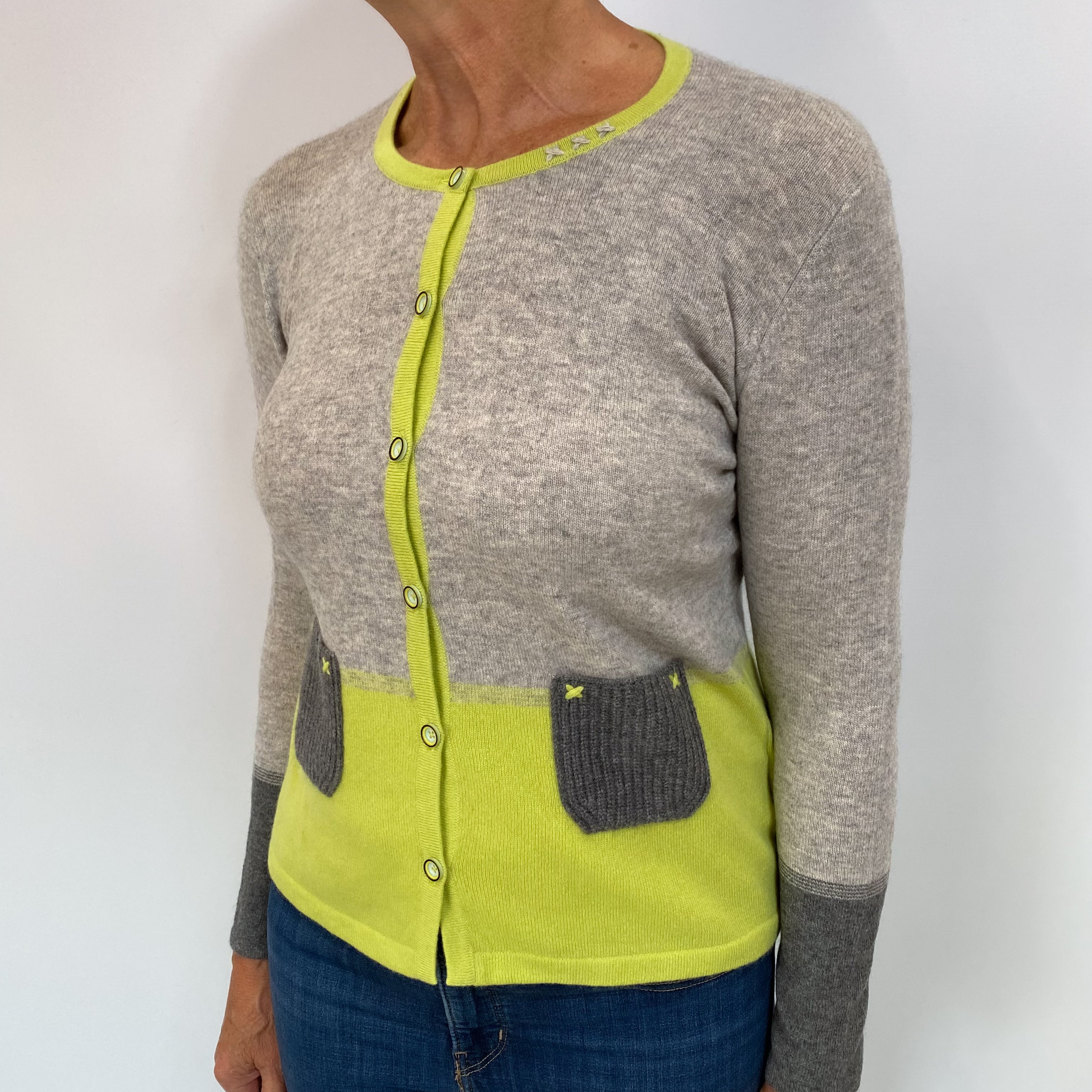 Grey and Lime Cashmere Crew Neck Cardigan Medium