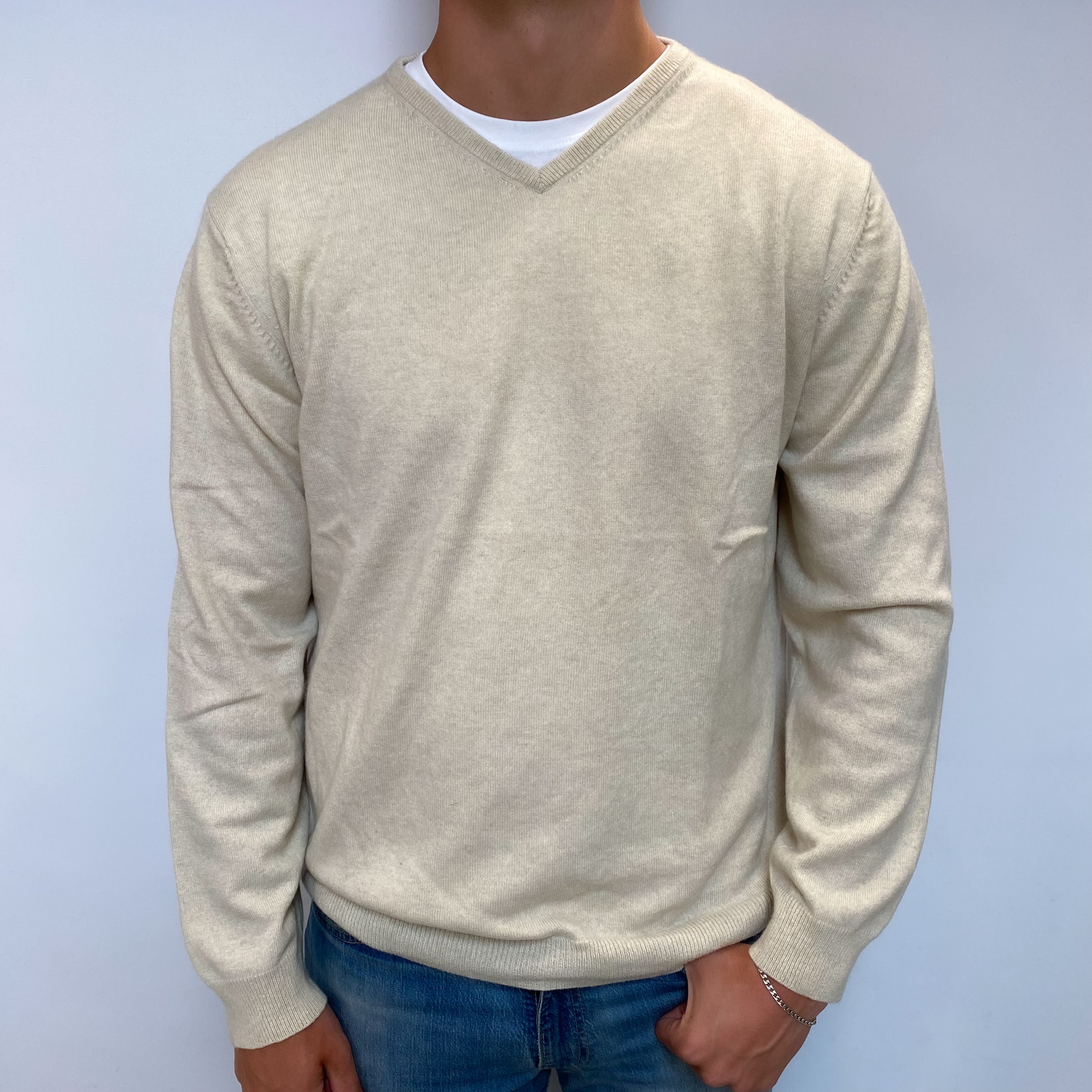 Men's Oatmeal Beige Cashmere V Neck Jumper XXL