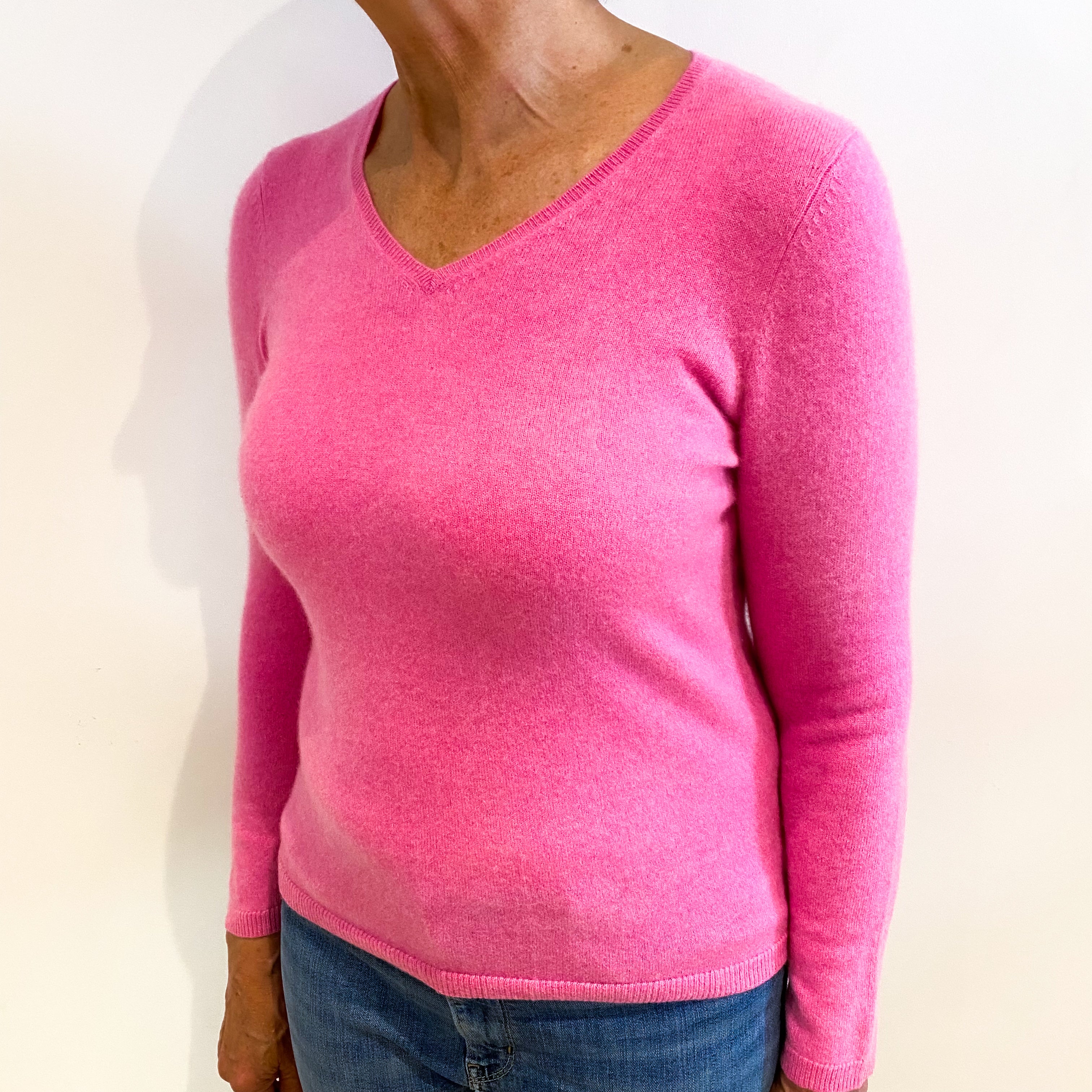 Neon Pink Cashmere V Neck Jumper Medium