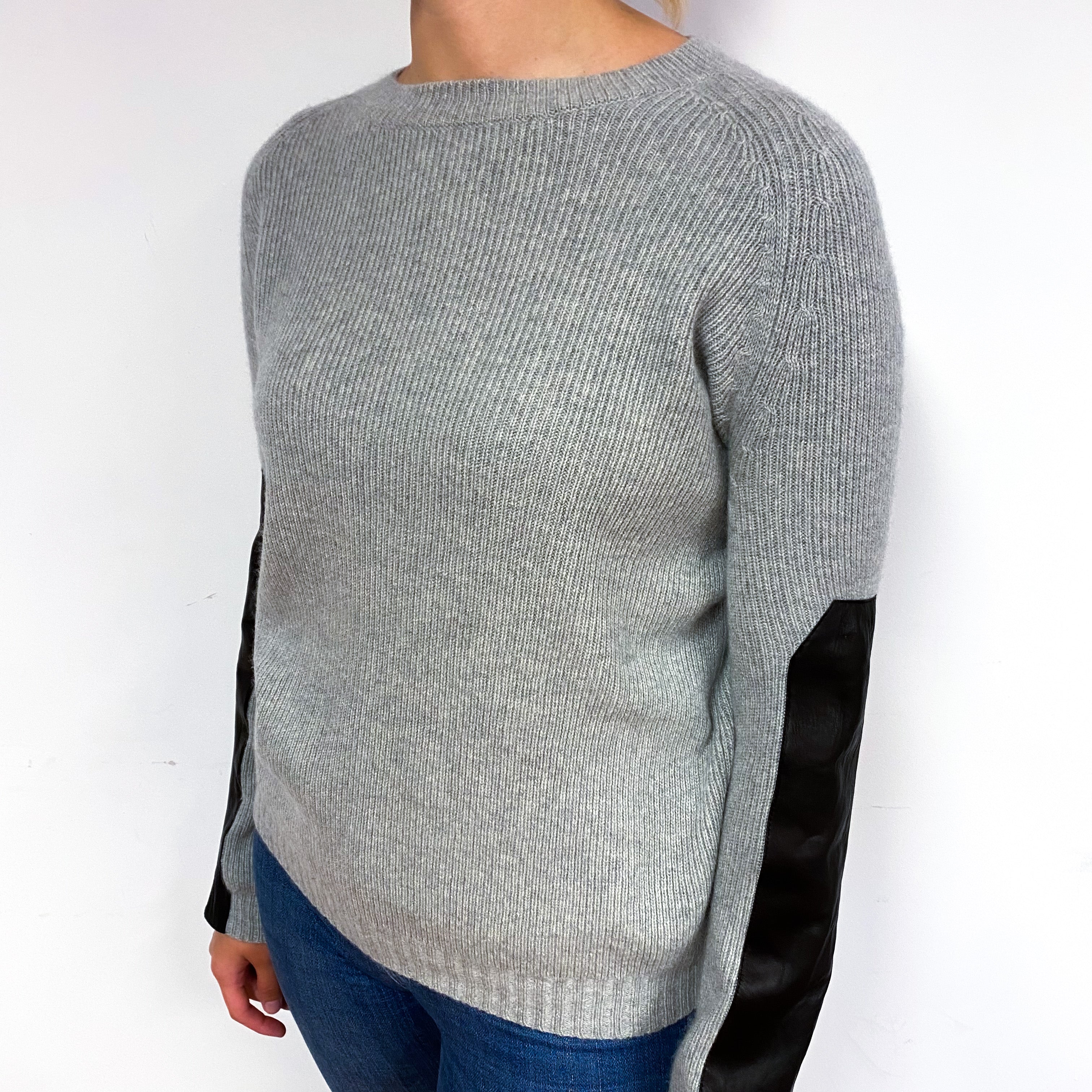 Smoke Grey Leather Patch Cashmere Crew Neck Jumper Small