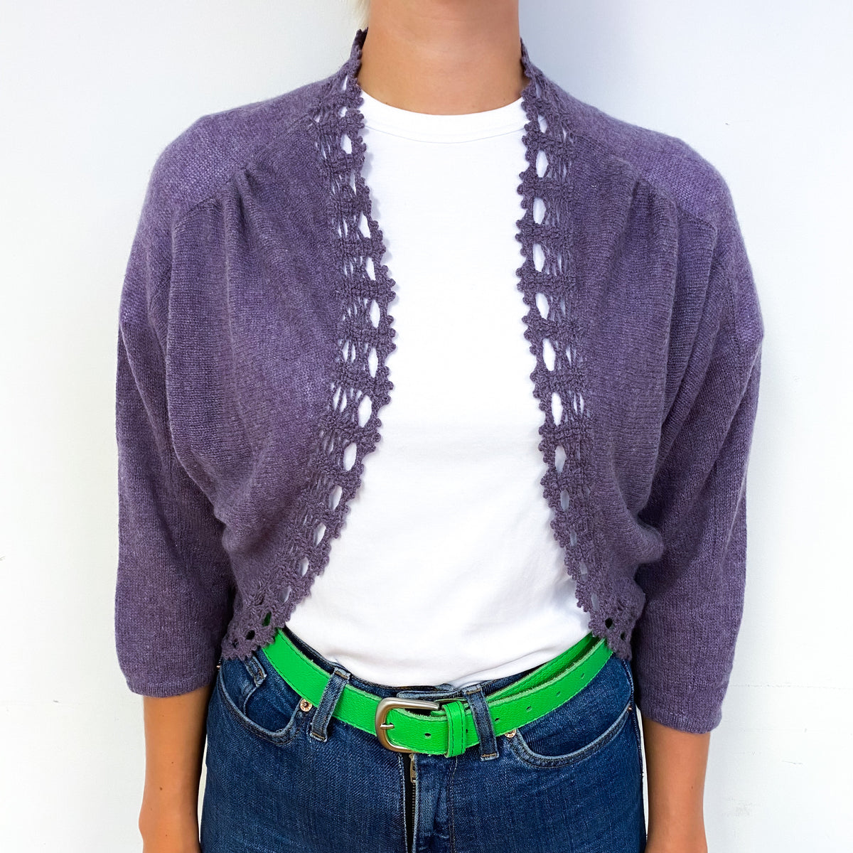 Lavender Purple Crochet Trimmed Cashmere Batwing Cardigan Small