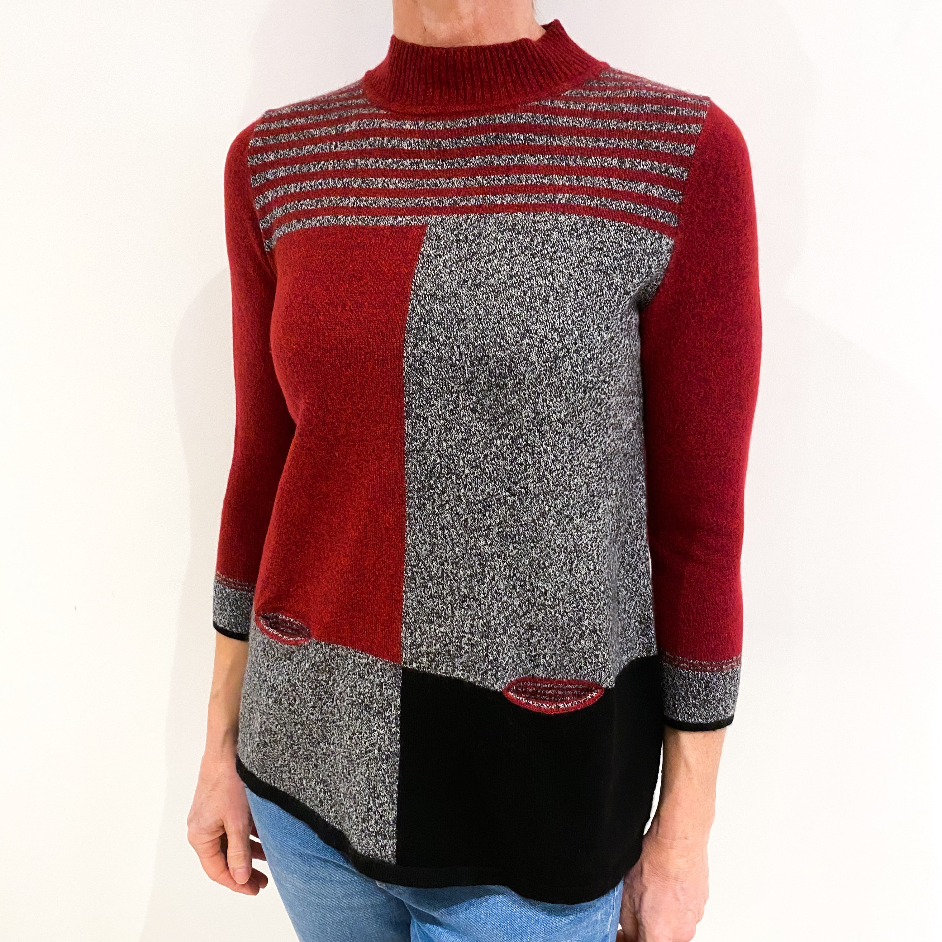 Red and Grey Block Design Cashmere Turtle Neck Jumper with Pockets Small