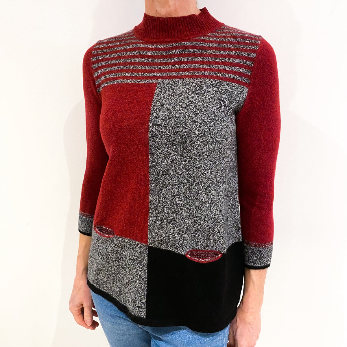 Red and Grey Block Design Cashmere Turtle Neck Jumper with Pockets Small