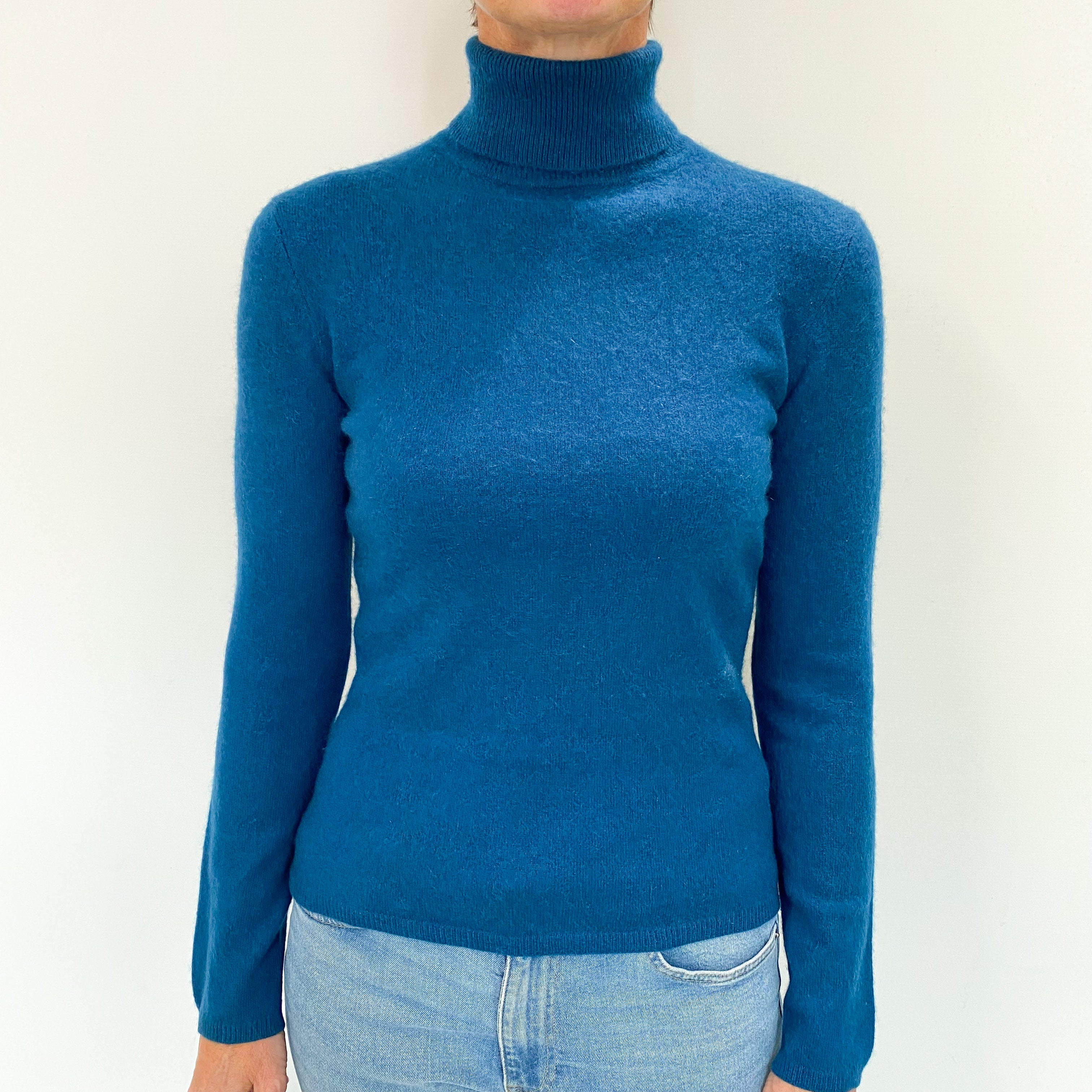 Peacock Blue Cashmere Polo Neck Jumper Small