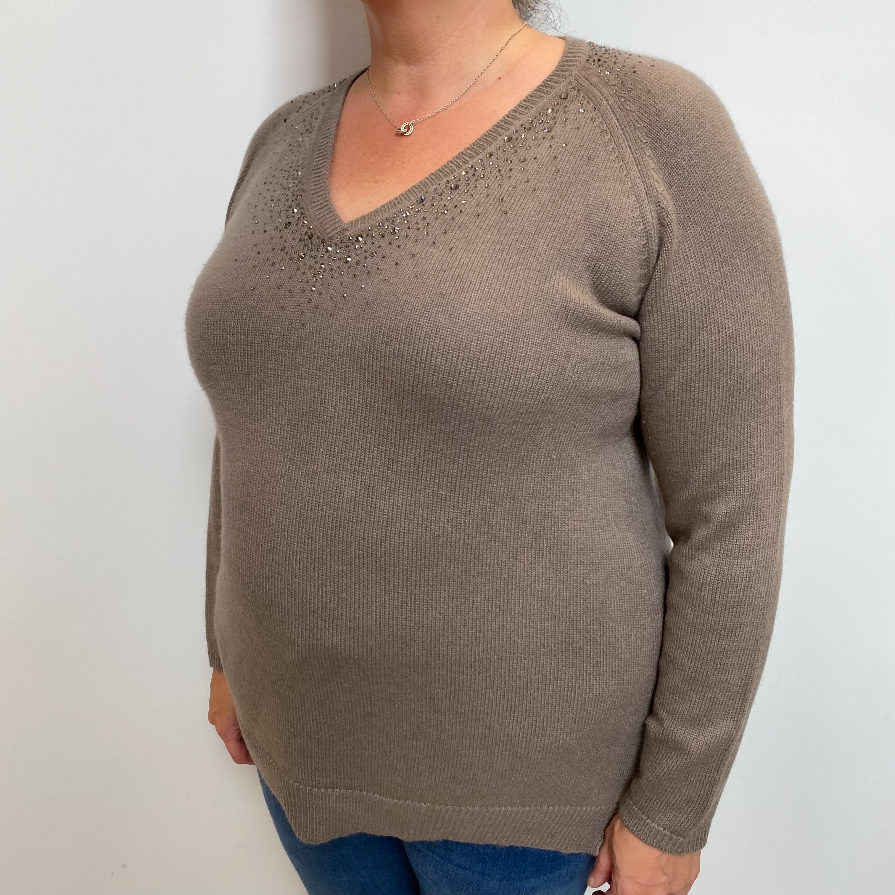 Mocha Brown Cashmere V Neck Jumper Extra Large
