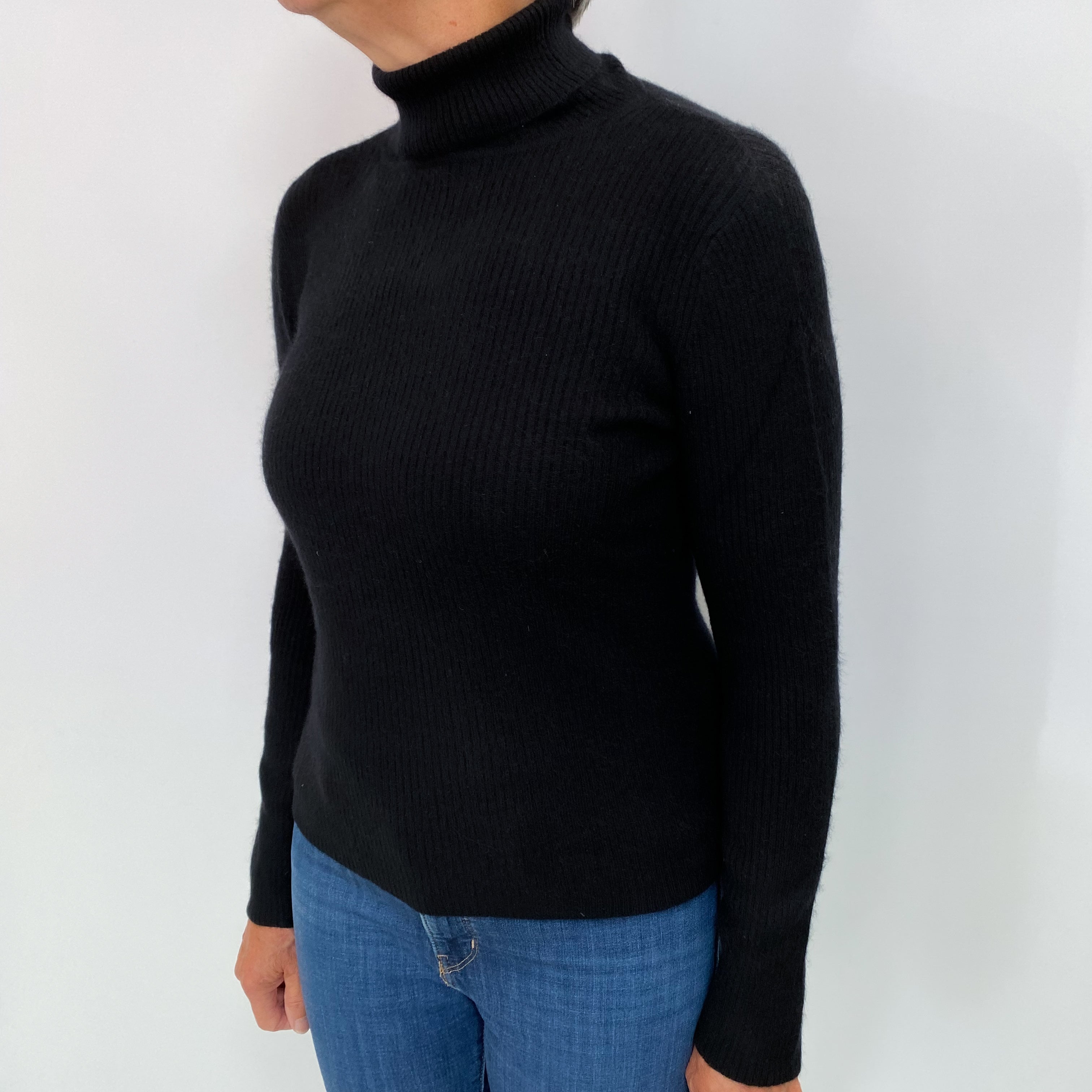 Black Cashmere Polo Neck Ribbed Knit Jumper Medium