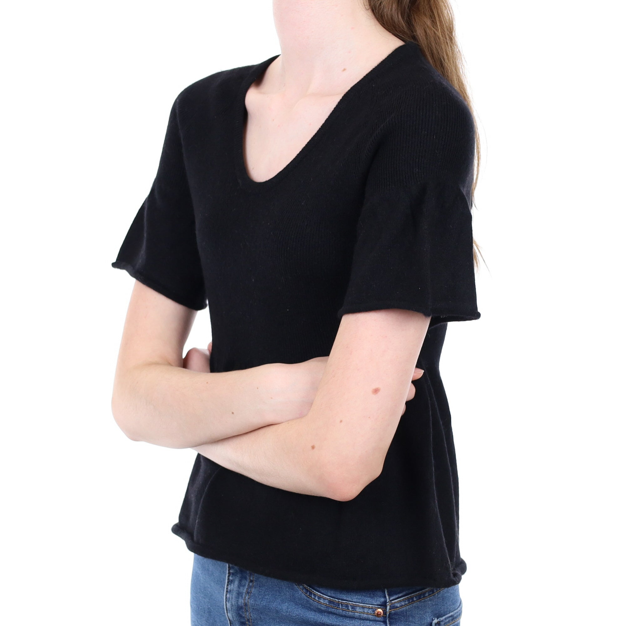 Black Cashmere V Neck Short Sleeved Jumper Extra Small