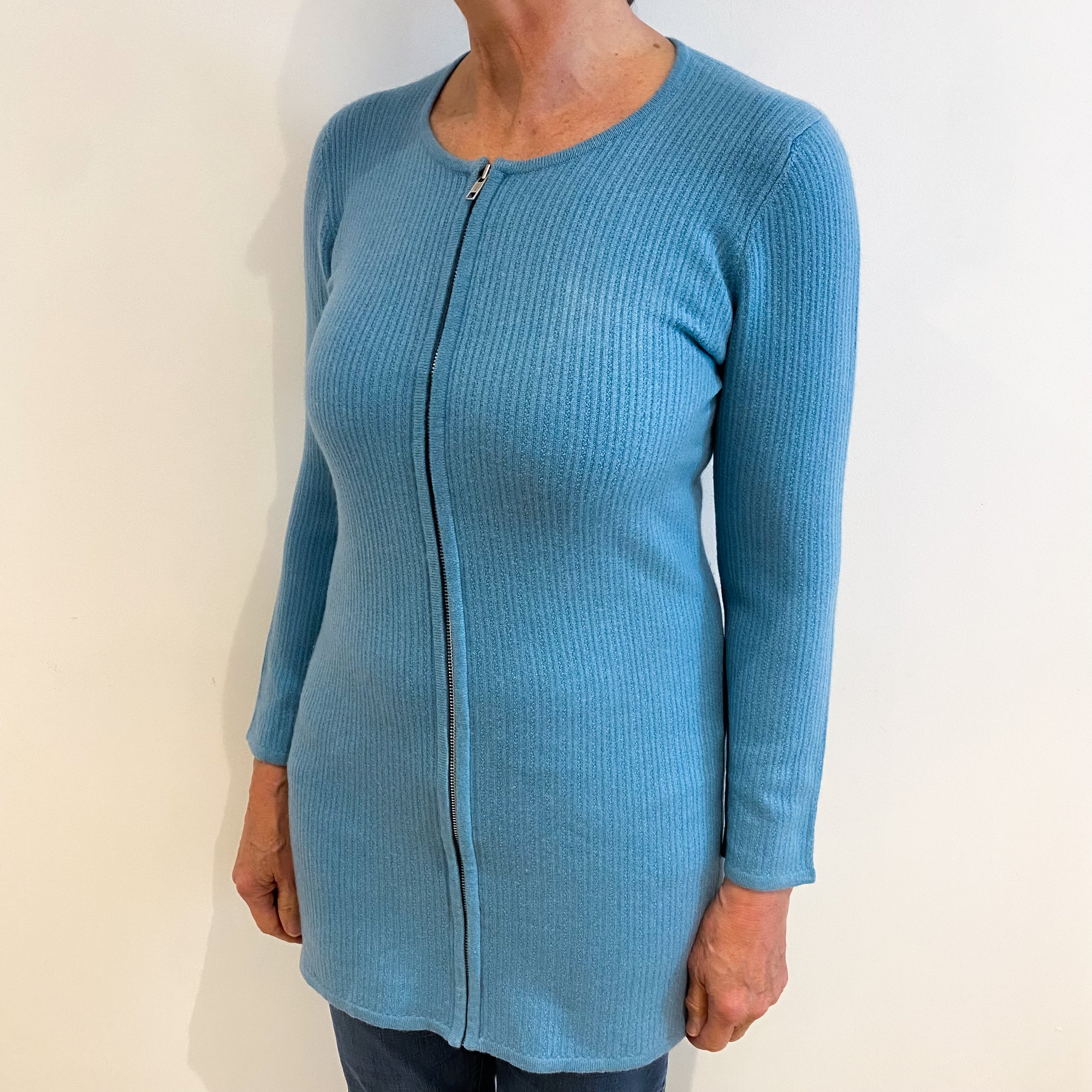 Scottish Aqua Blue Cashmere Crew Neck Zip Up Cardigan Medium