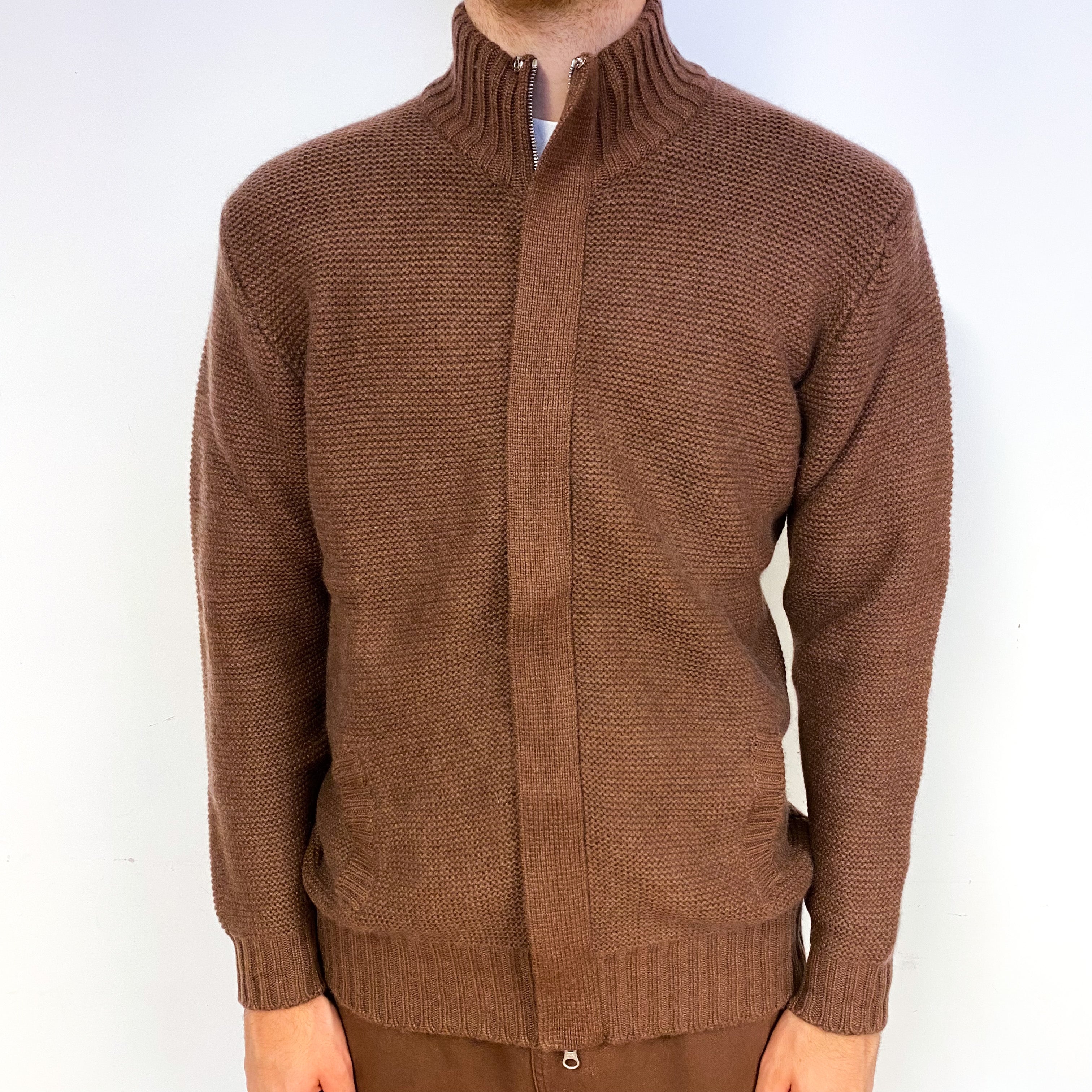 Men's Walnut Brown Chunky Cashmere Turtle Neck Cardigan Large
