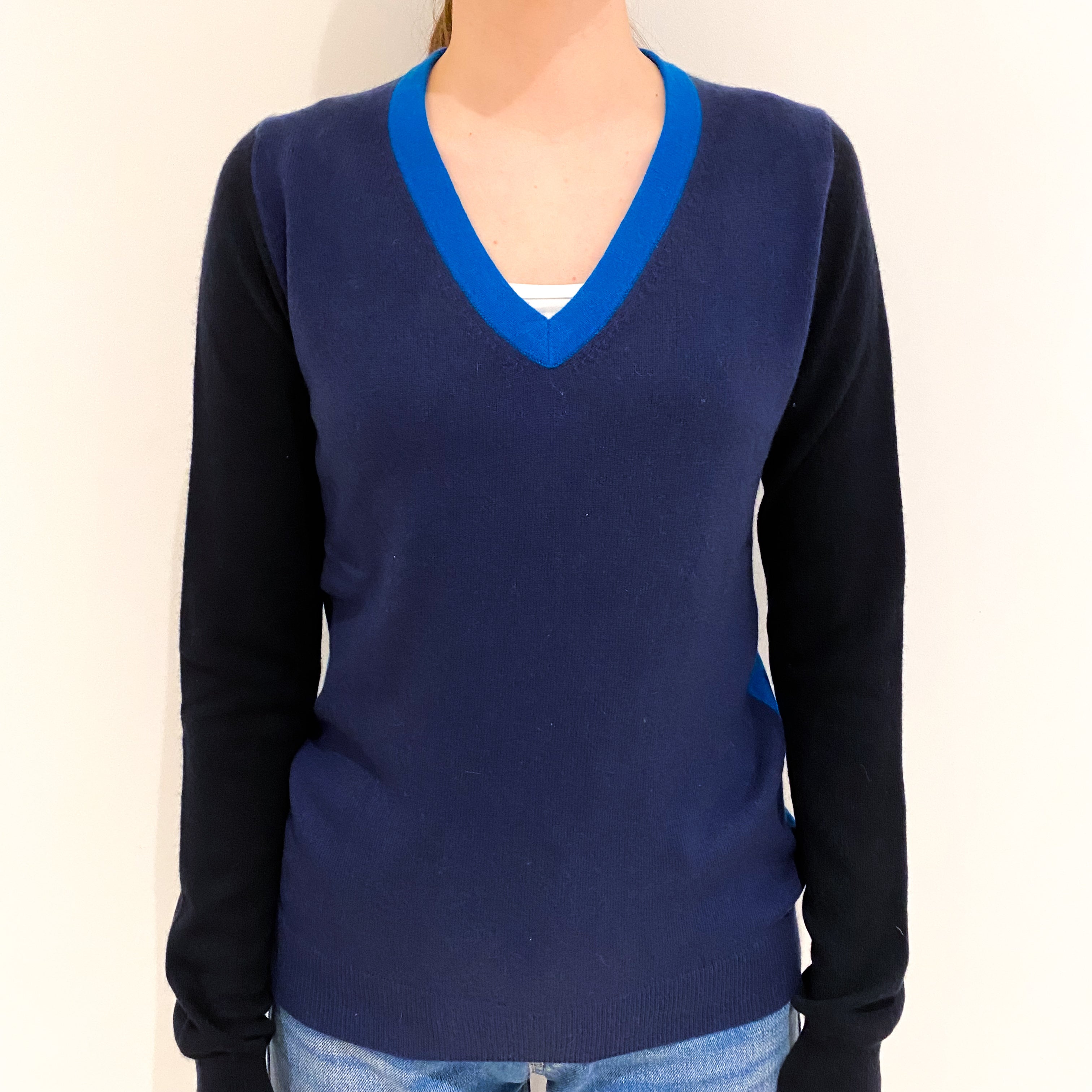 Black and Blue Colour Block Cashmere V-Neck Jumper Extra Small