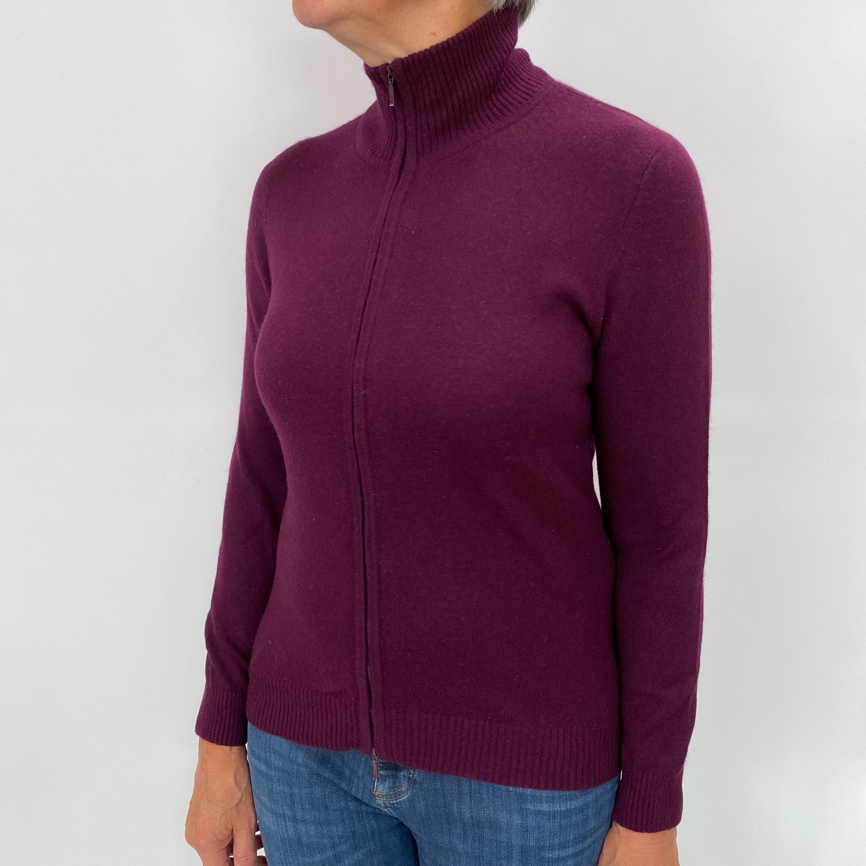Aubergine Purple Cashmere Zip-Up Jumper Medium