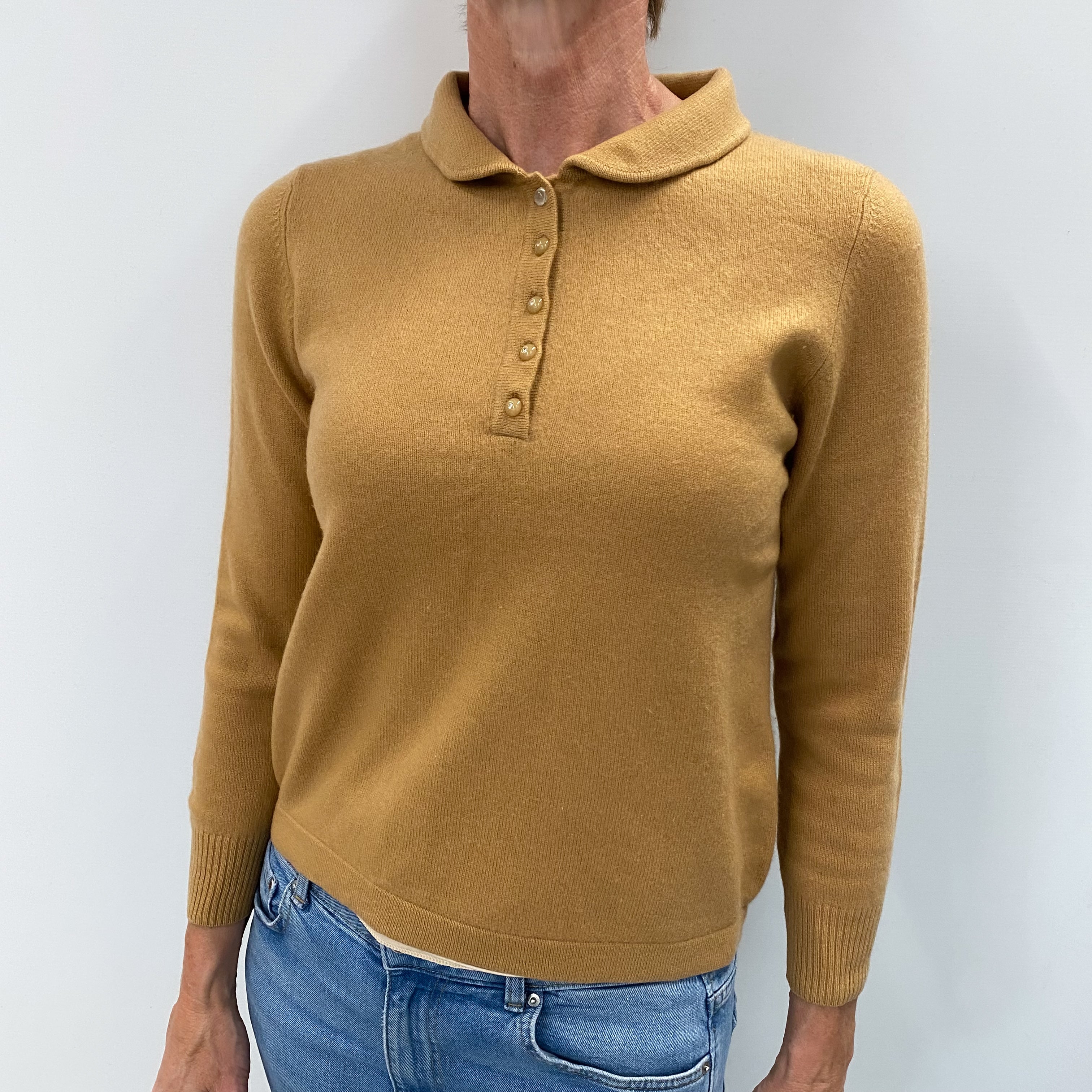Butterscotch Brown Cashmere Collared V Neck Jumper Small