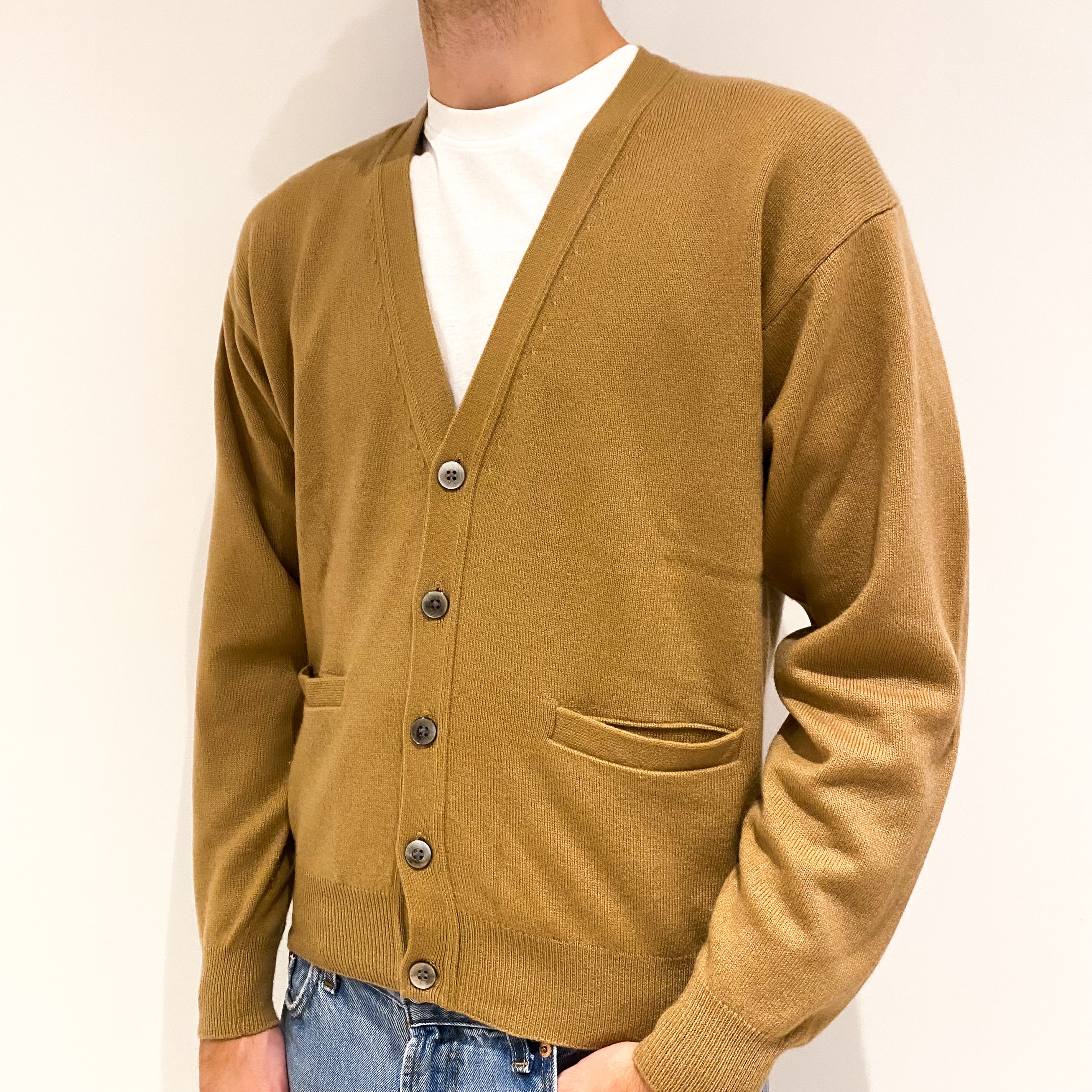Men's Camel Brown Cashmere V-Neck Cardigan Medium