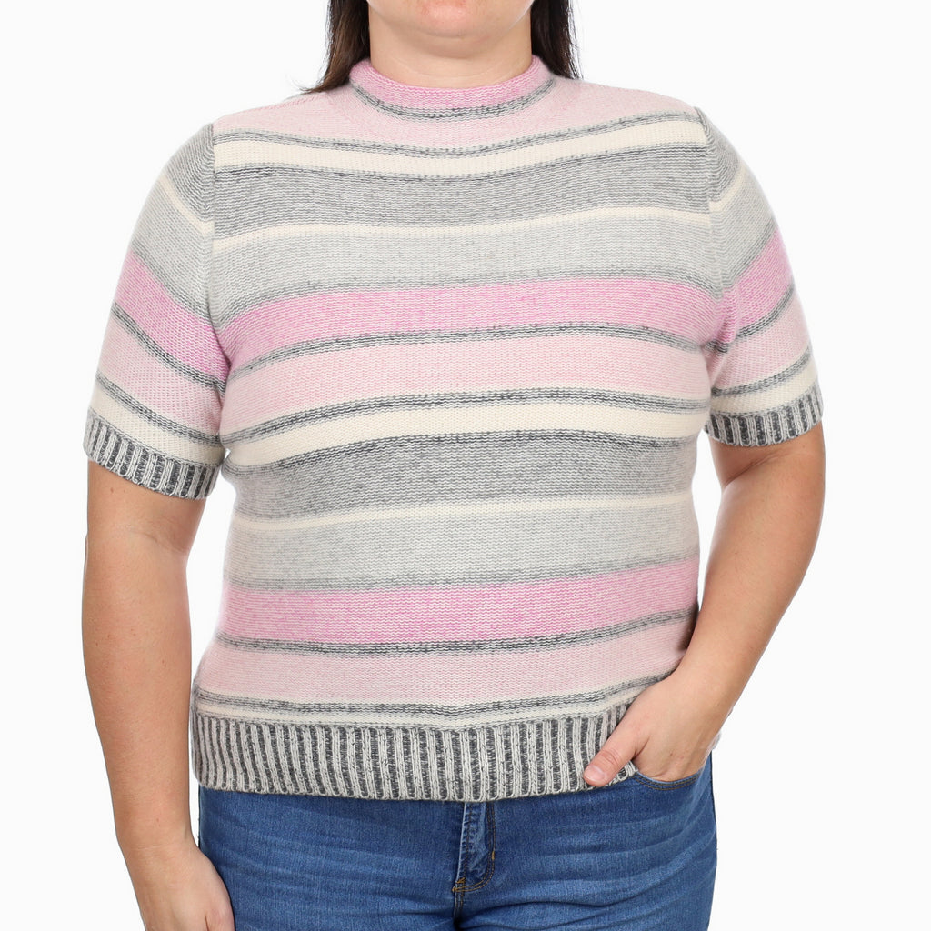 Pink and Grey Striped Cashmere Turtle Neck Short Sleeved Jumper Large