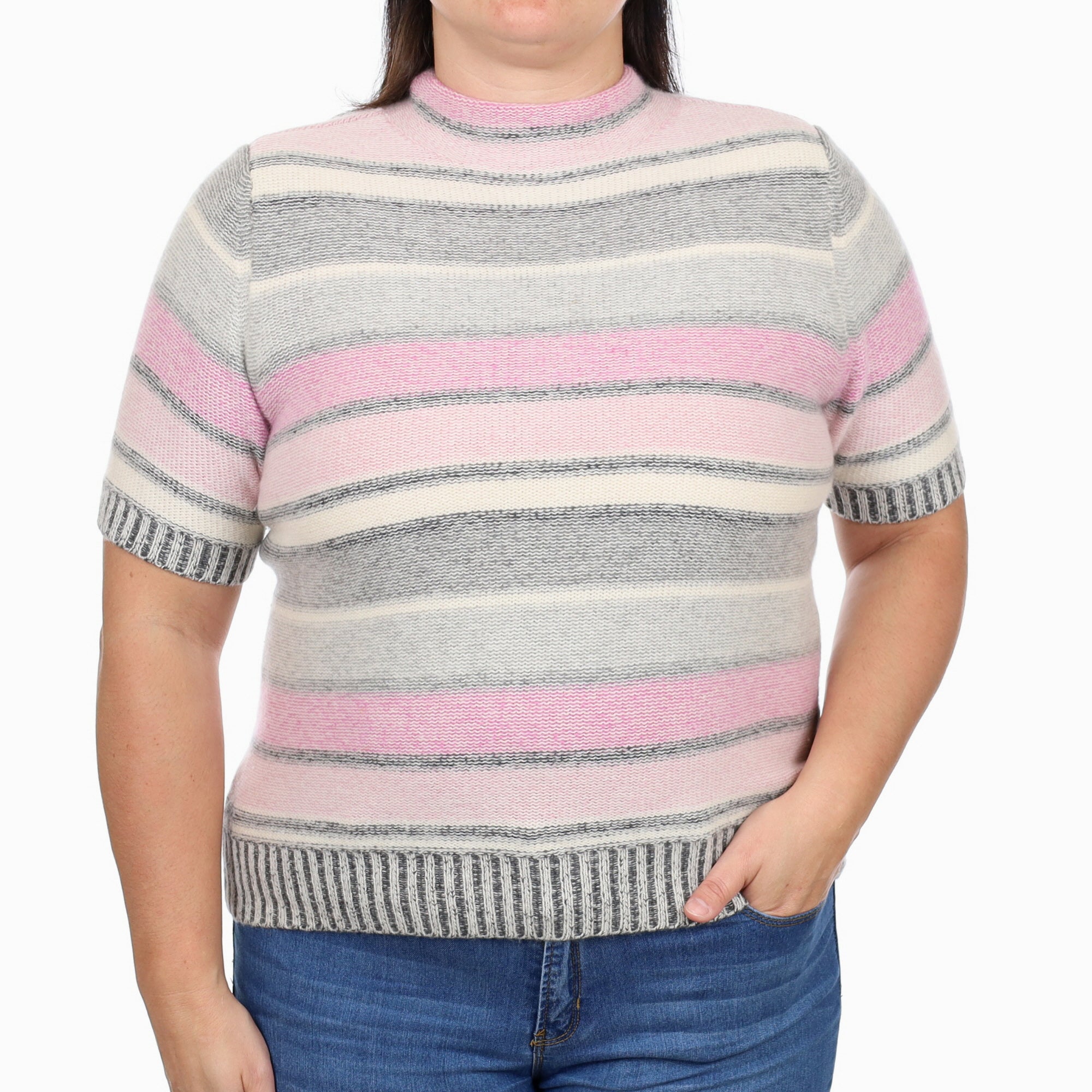 Pink and Grey Striped Cashmere Turtle Neck Short Sleeved Jumper Large