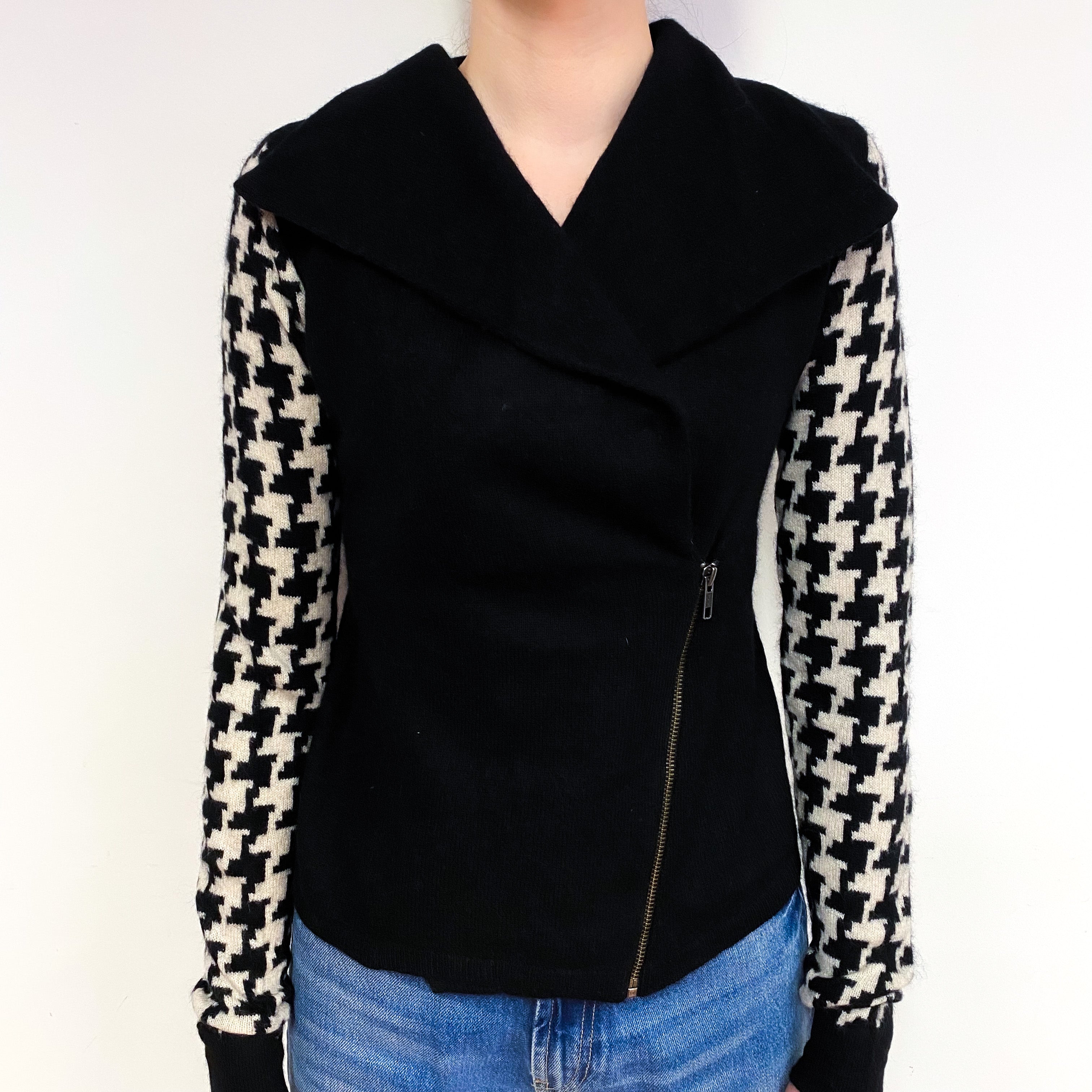 Black Dog Tooth Cashmere Zip Up Cardigan Extra Small