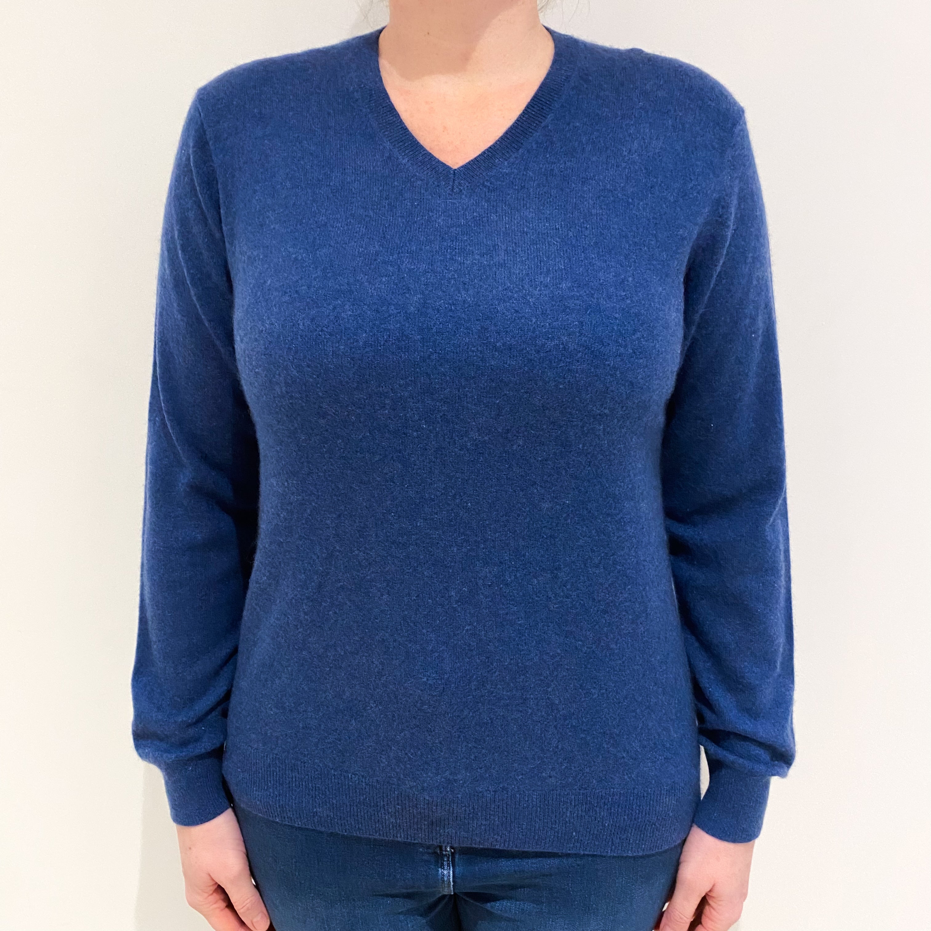 Naval Blue Cashmere V Neck Jumper Large