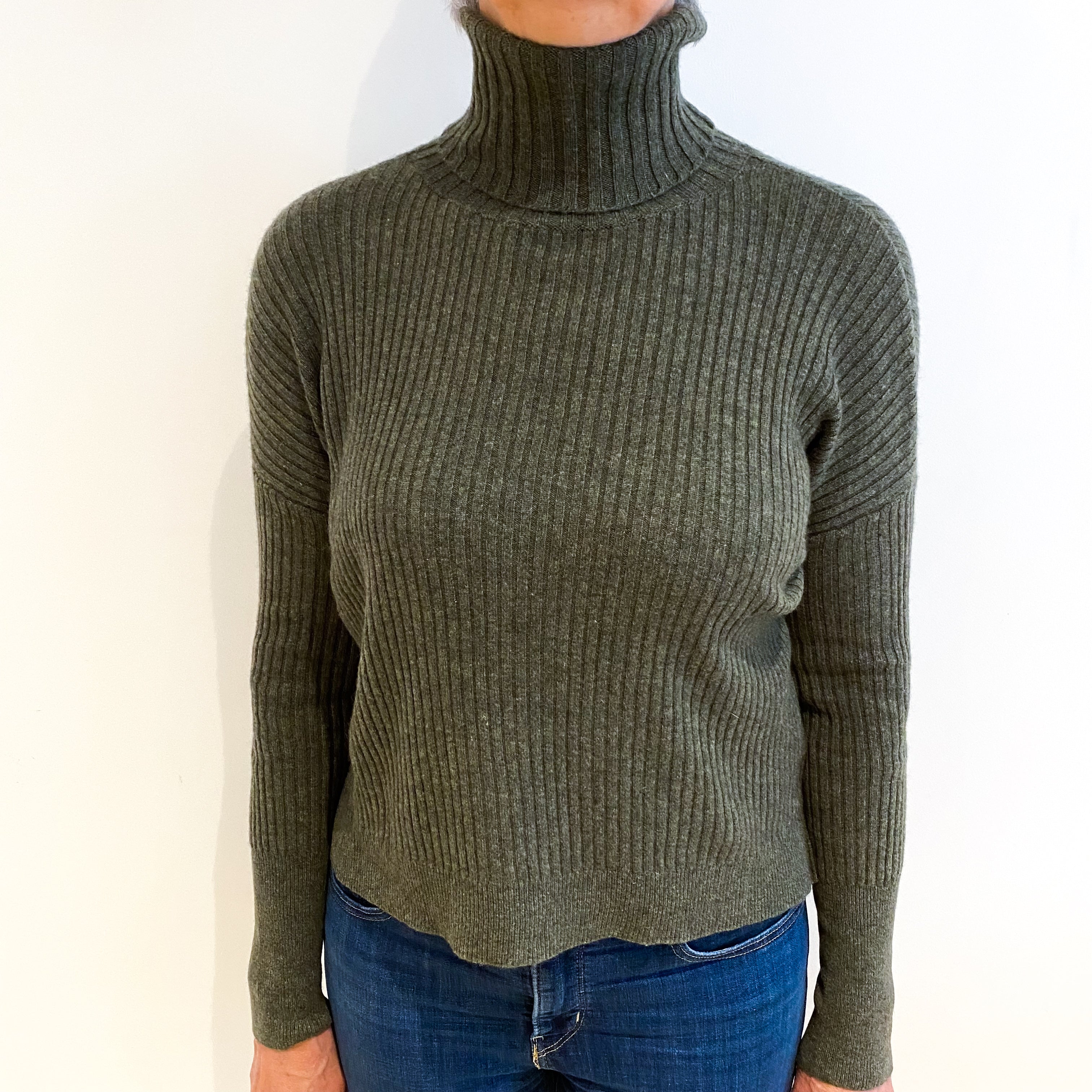 Spruce Green Cashmere Polo Neck Jumper Medium