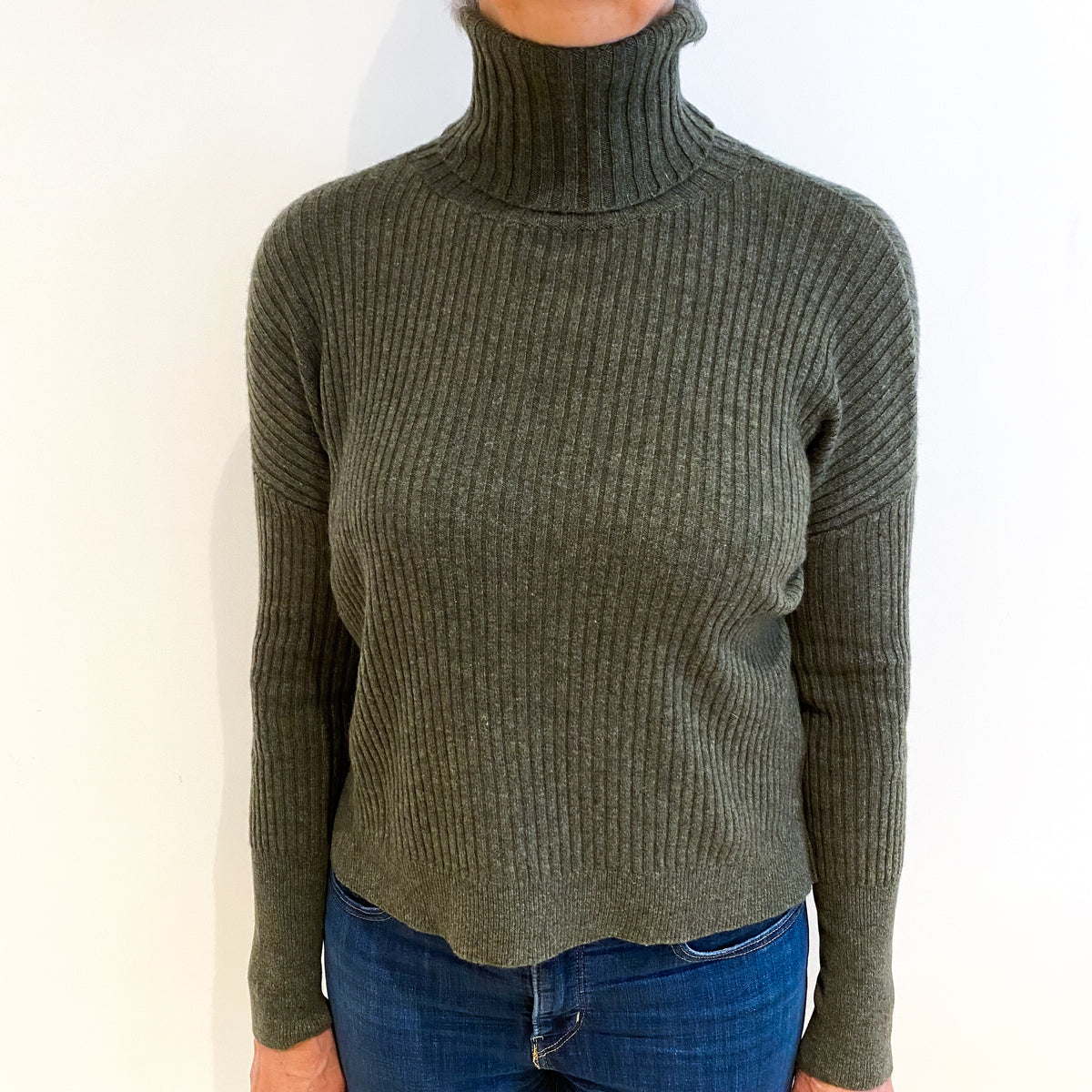 Spruce Green Cashmere Polo Neck Jumper Medium