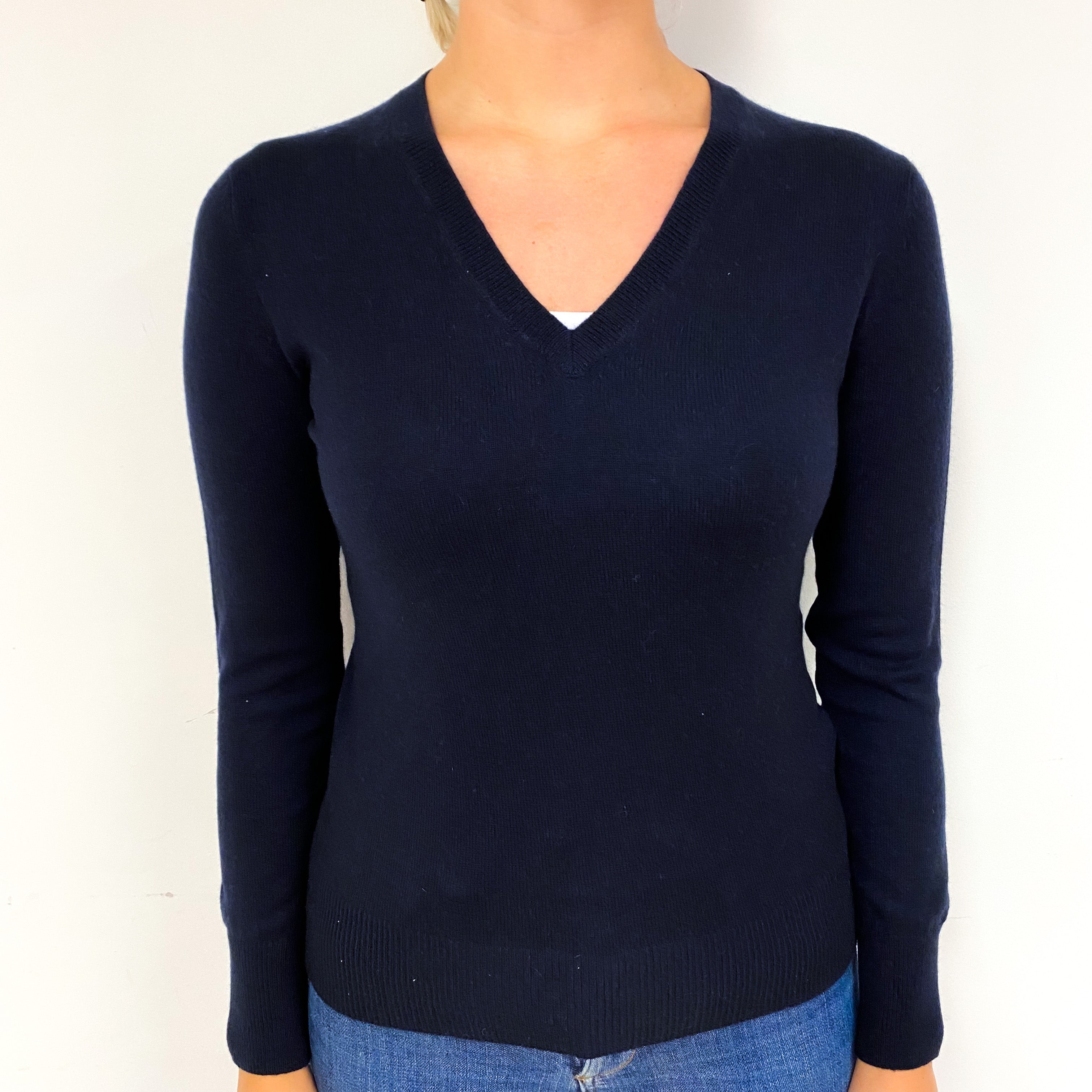Darkest Navy Blue Cashmere V-Neck Jumper Small