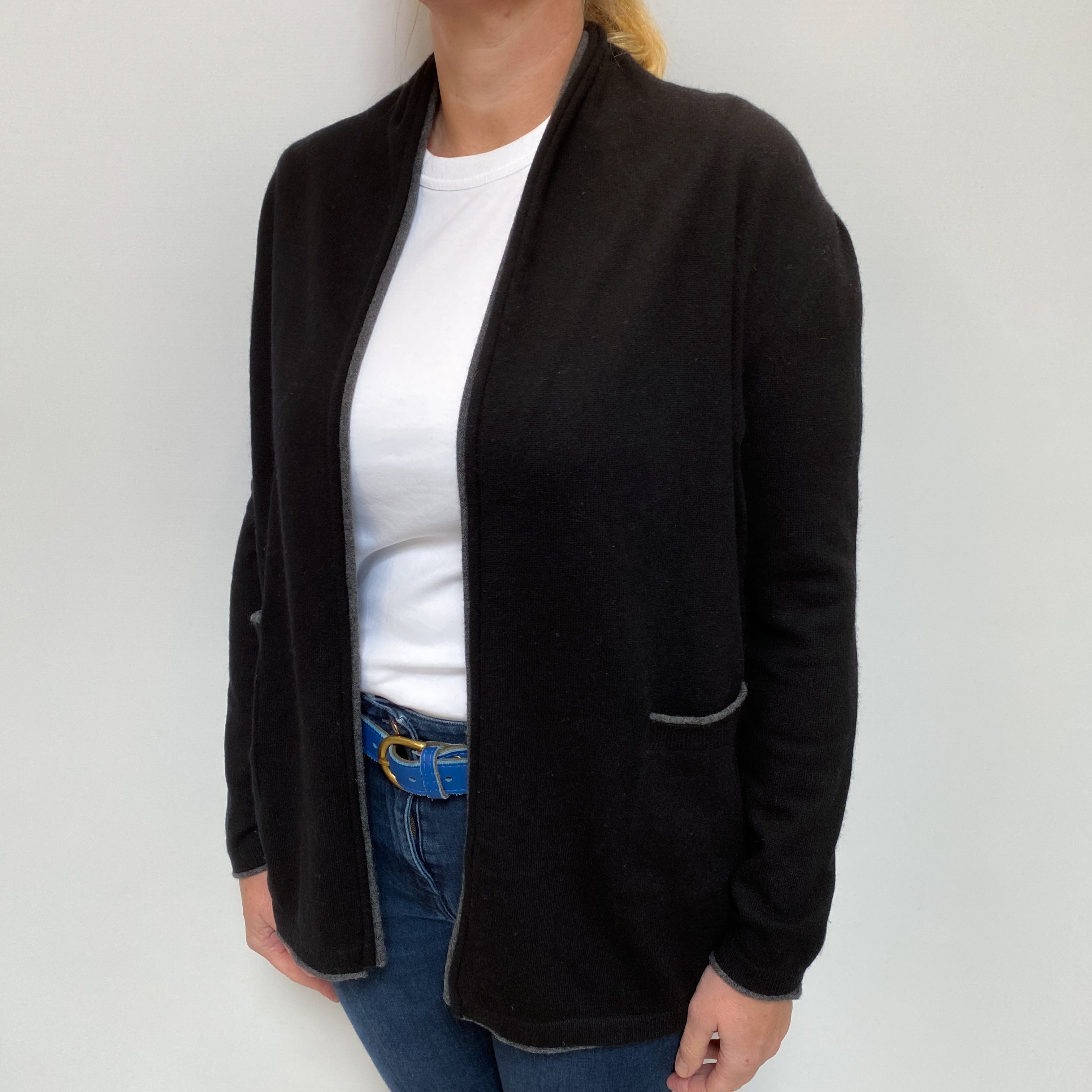 Black Cashmere Edge to Edge Cardigan with Pockets Large