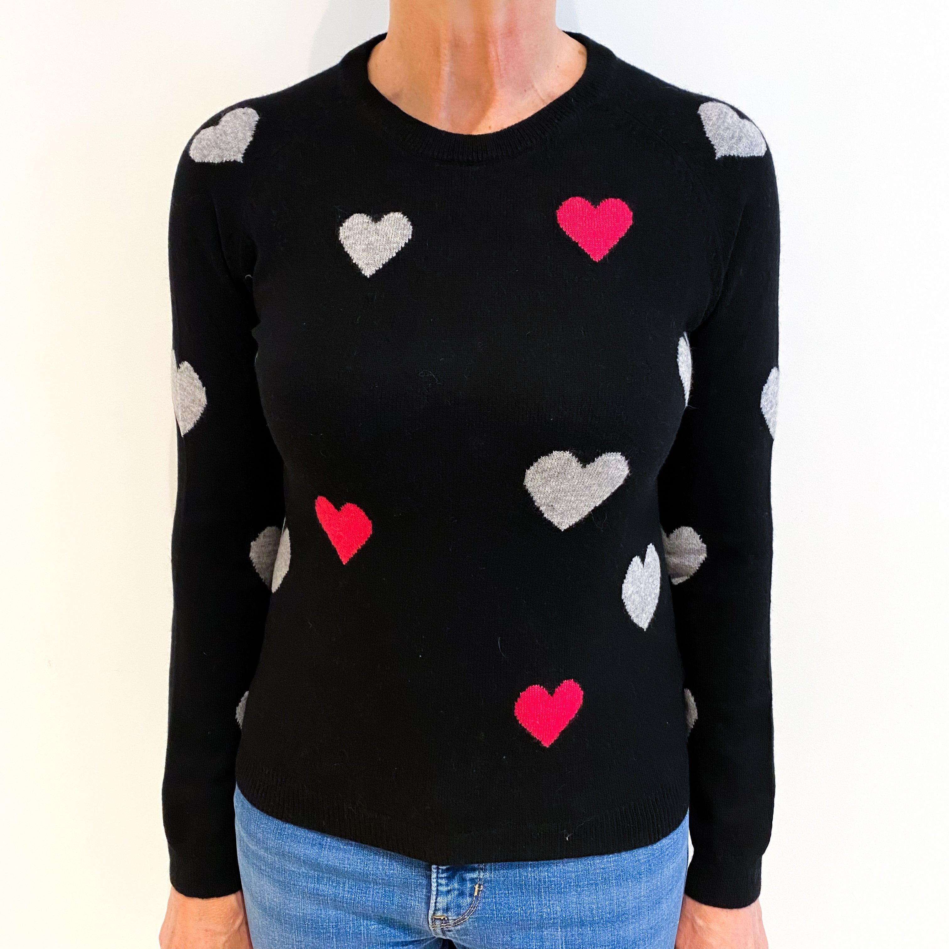 Black With Pink And Grey Hearts Cashmere Crew Neck Jumper Medium