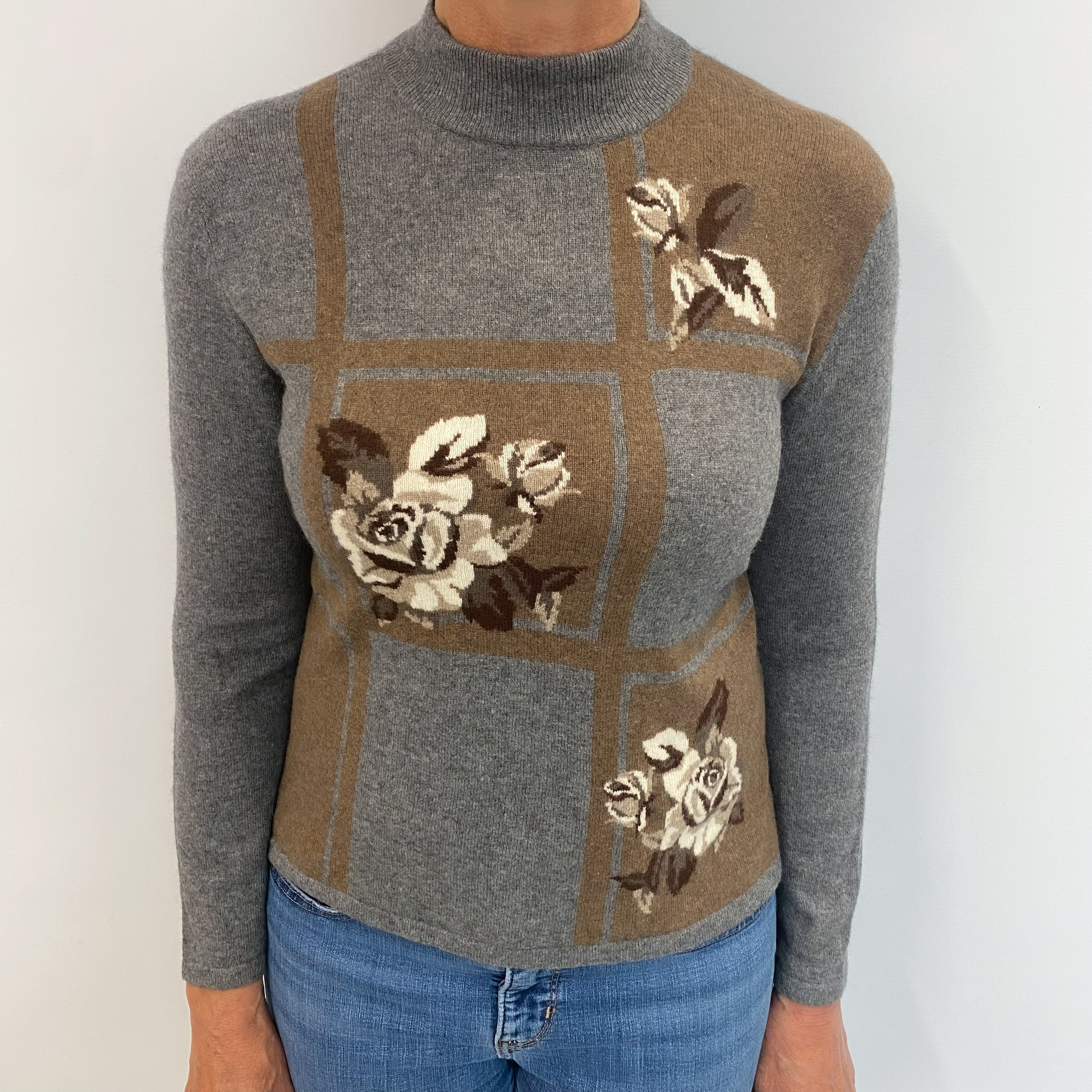 Slate Grey Patterned Cashmere Turtle Neck Jumper Medium