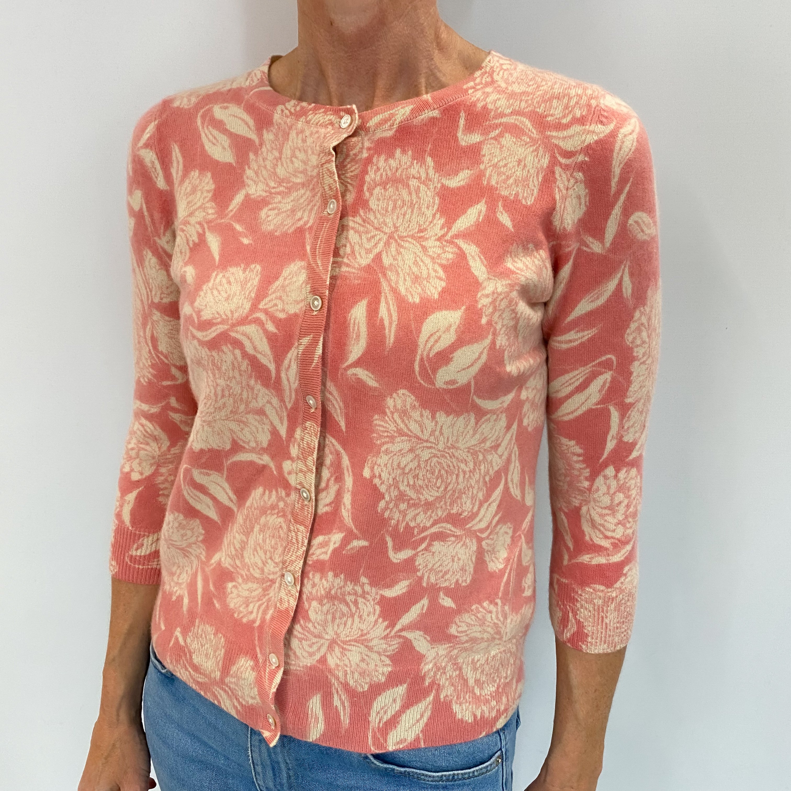 Pink Floral Cashmere Crew Neck Cardigan Small