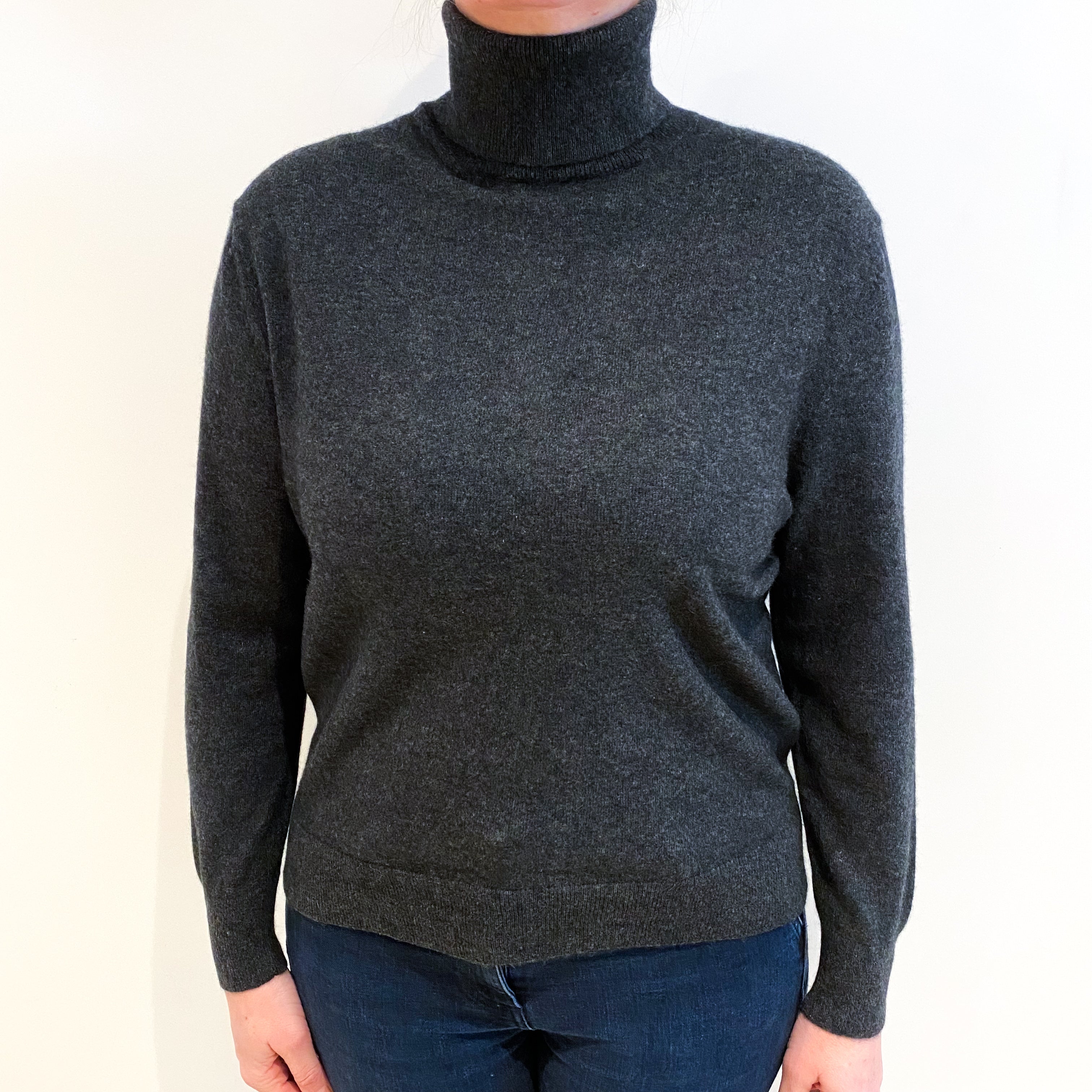 Charcoal Grey Cashmere Polo Neck Jumper Large