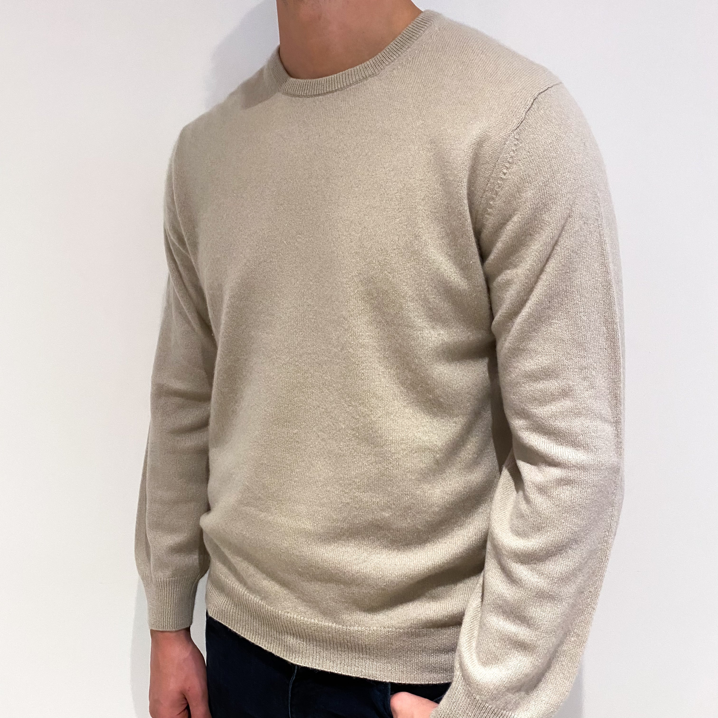 Men's Fawn Beige Cashmere Crew Neck Jumper Extra Large