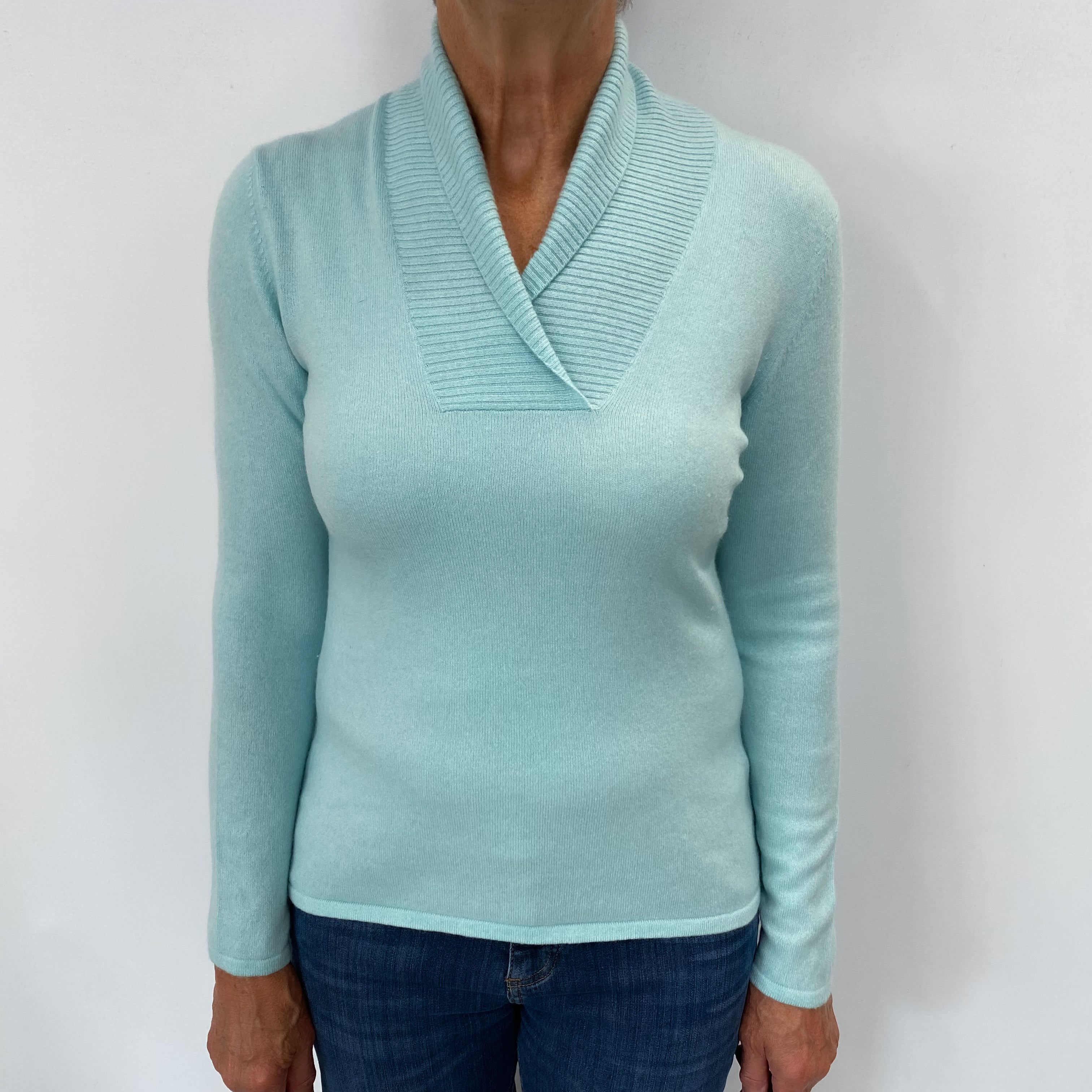 Opal Blue Cashmere Shawl Collar Jumper Medium