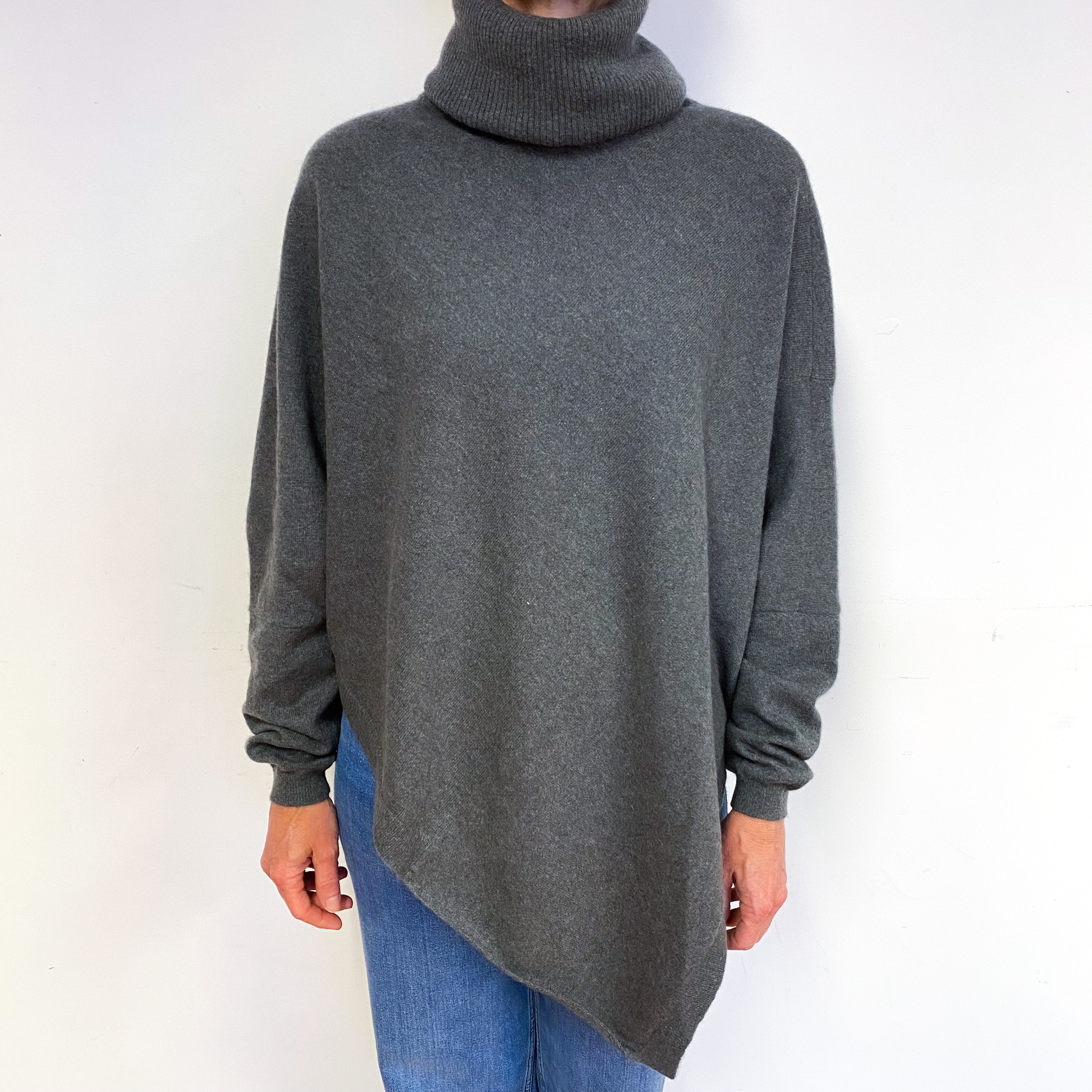 Slate Grey Poncho Style Cashmere Roll Neck Jumper Medium