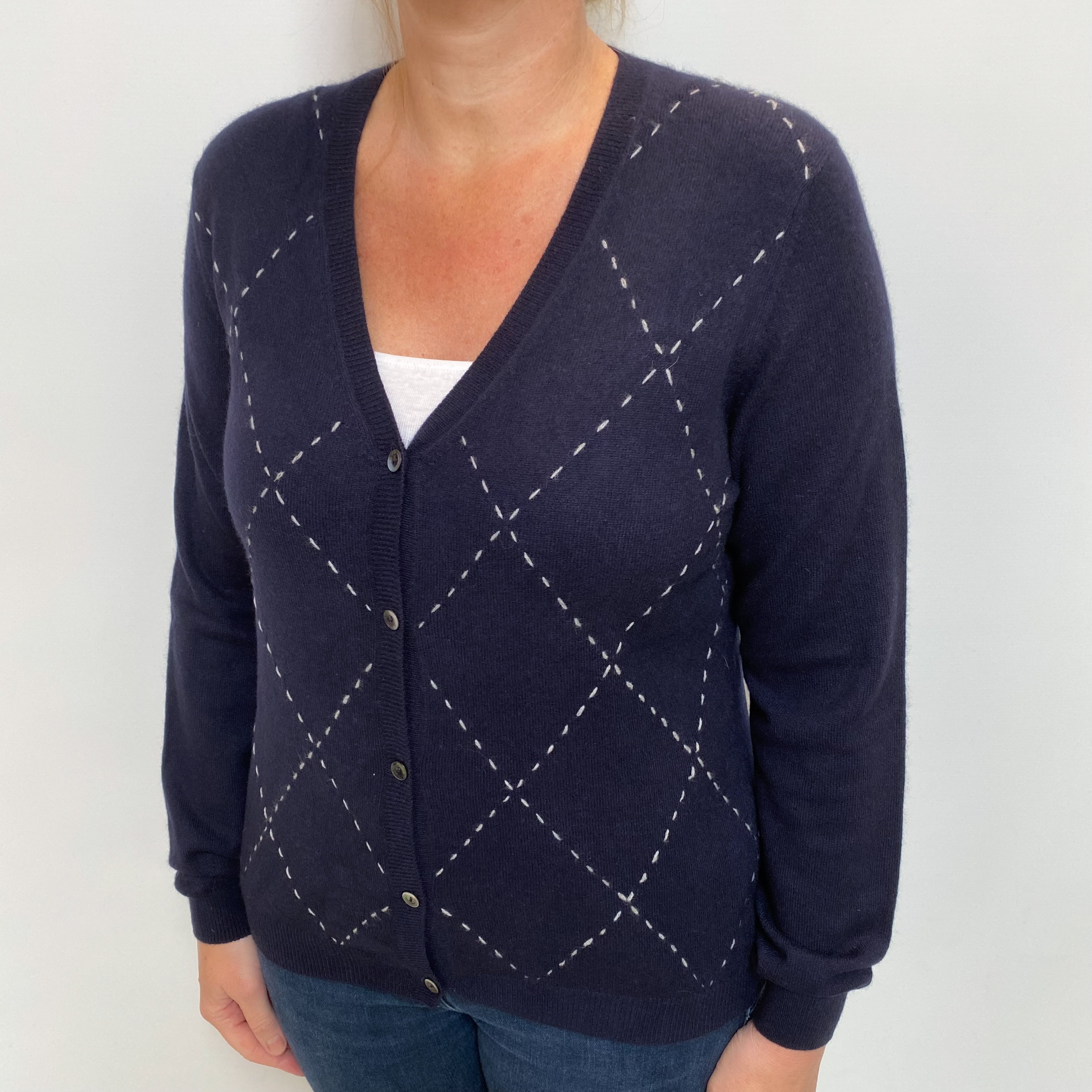 Navy Checked Cashmere V Neck Cardigan Large