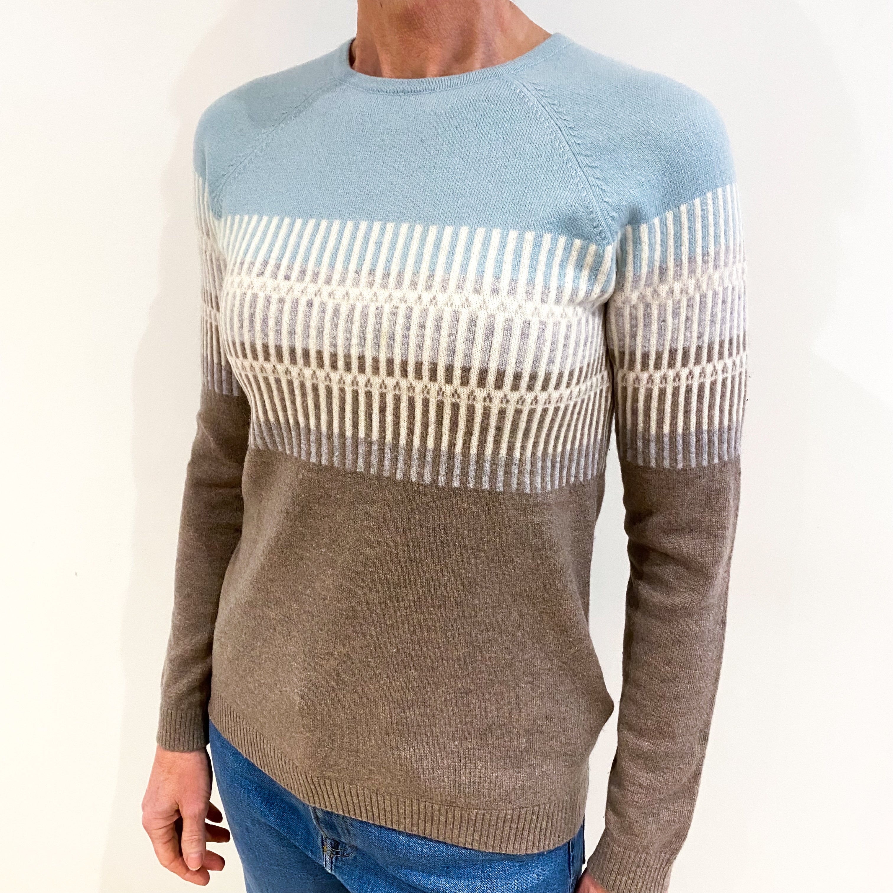 L.L Bean Duck Egg Blue And Mocha Patterned Cashmere Crew Neck Jumper Small