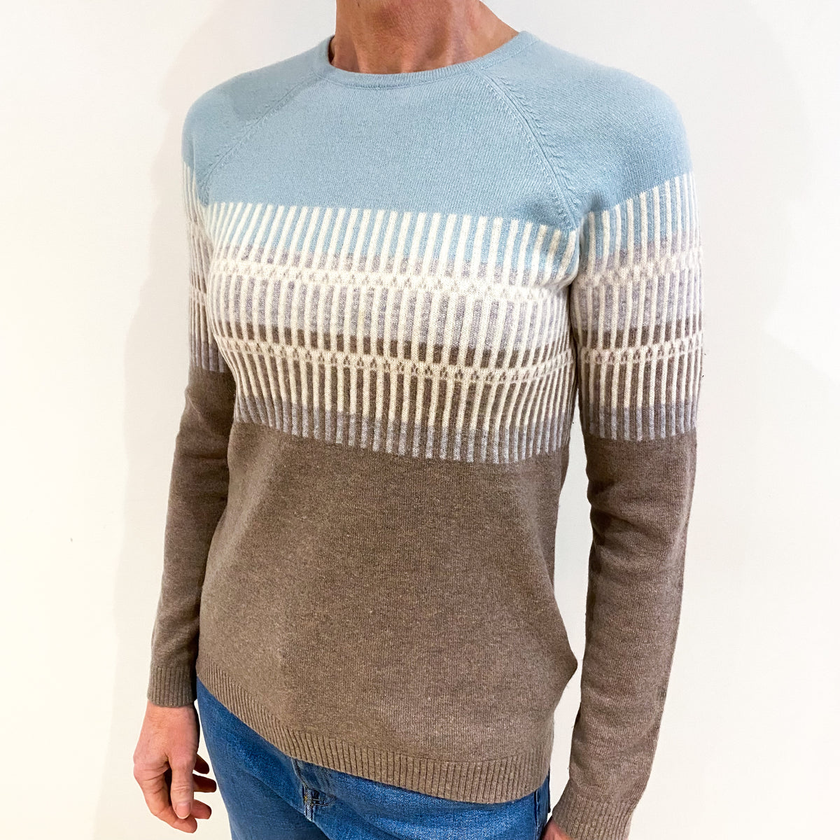 L.L Bean Duck Egg Blue And Mocha Patterned Cashmere Crew Neck Jumper Small