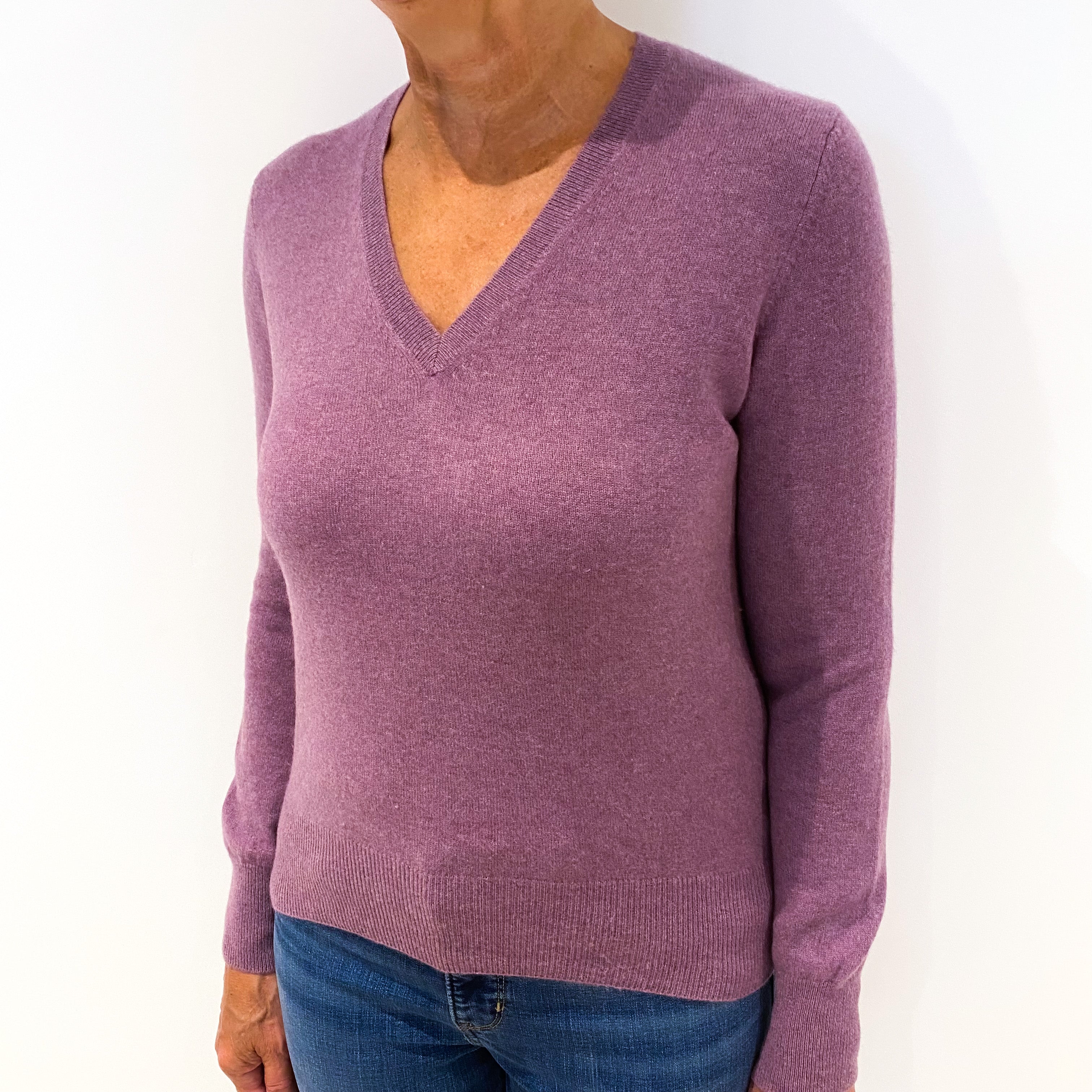 Heather Purple Cashmere V-Neck Jumper Medium