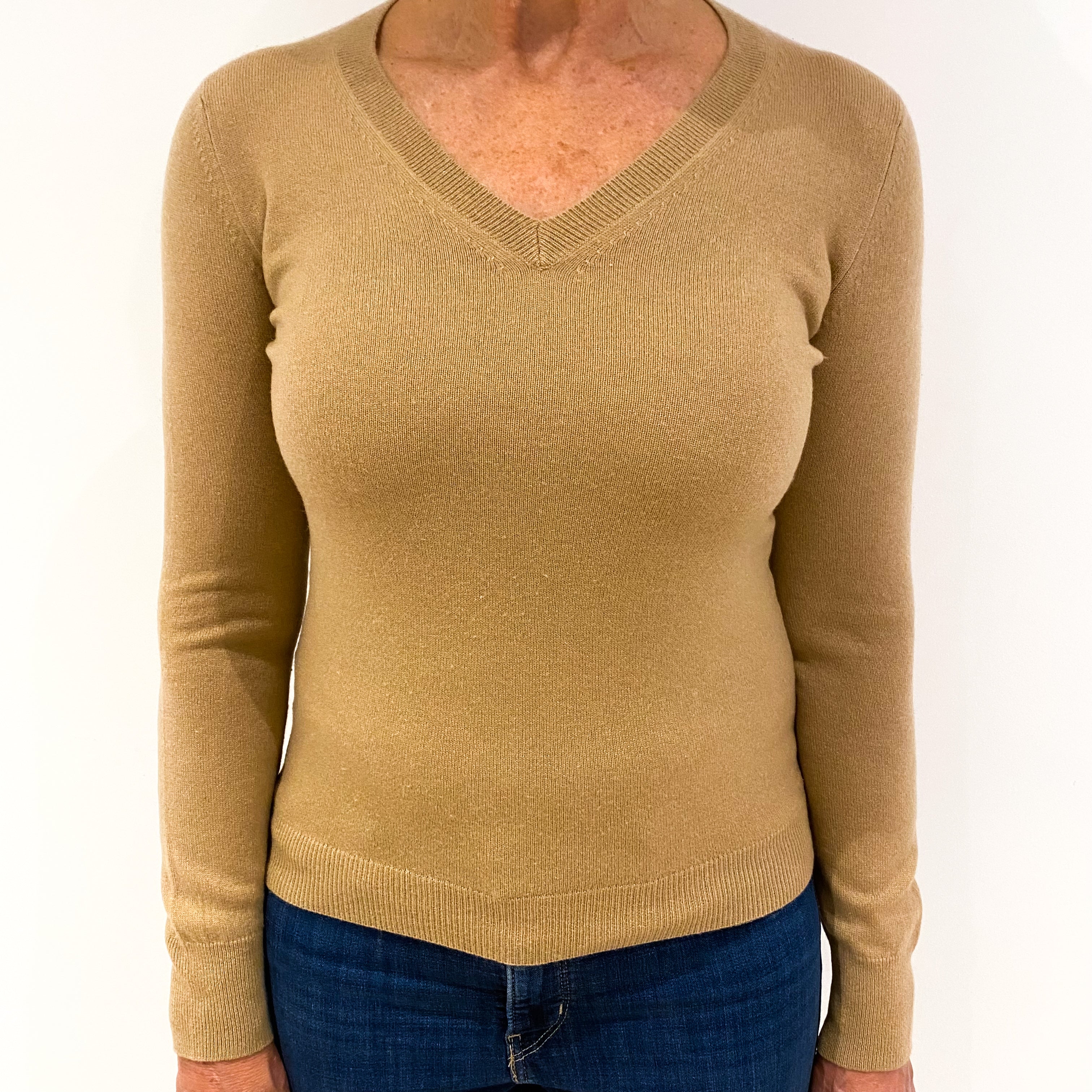 Camel Brown Cashmere V-Neck Jumper Medium