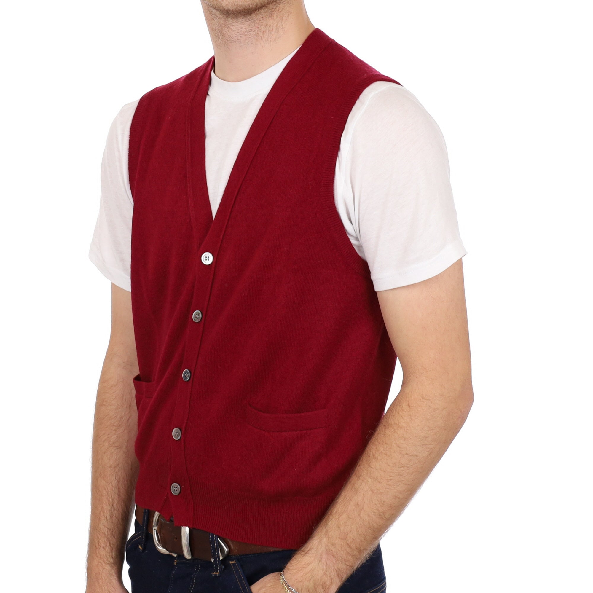 Men's Burgundy Red Cashmere V Neck Sleeveless Cardigan Medium