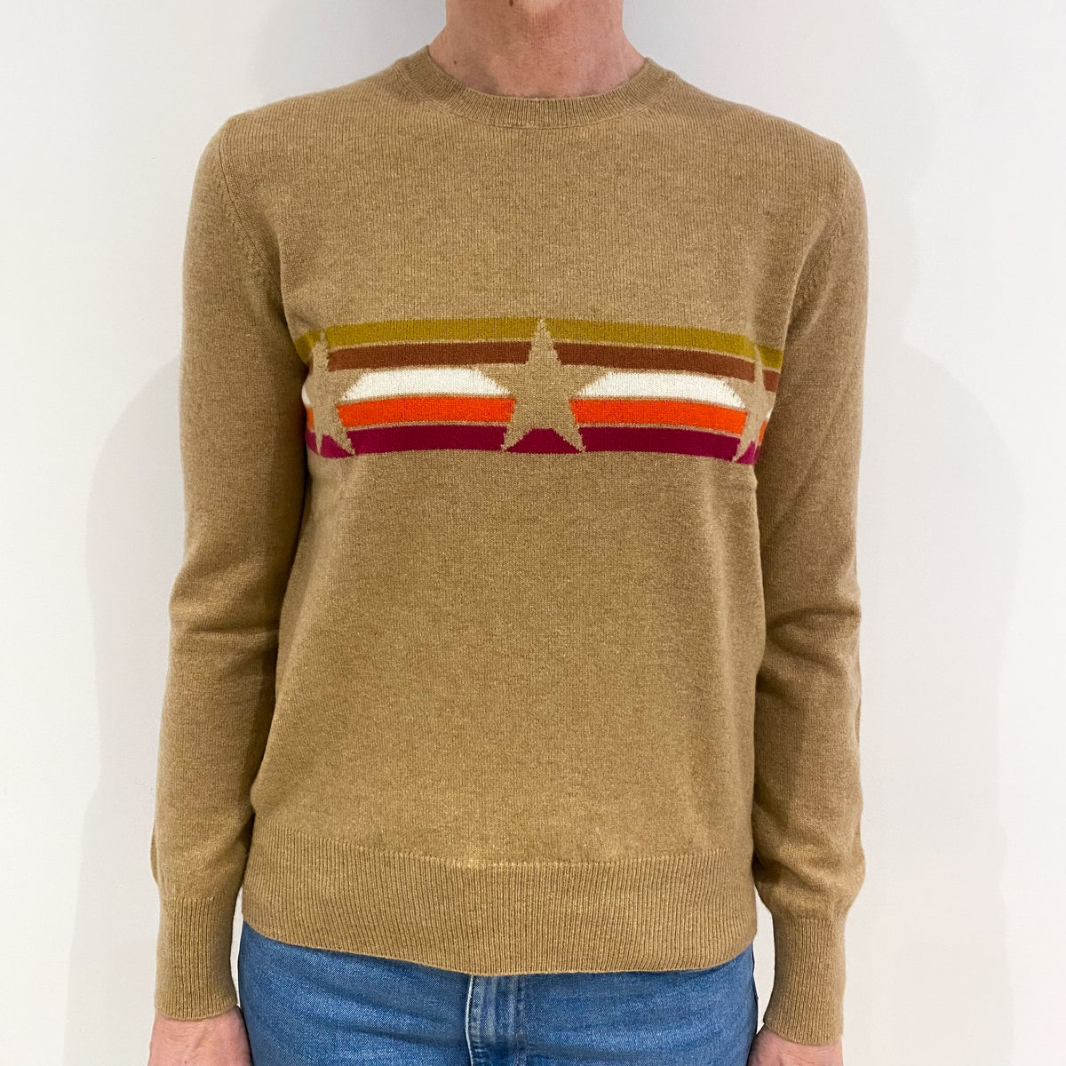Camel Brown Star and Striped Pattern Cashmere Crew Neck Jumper Small