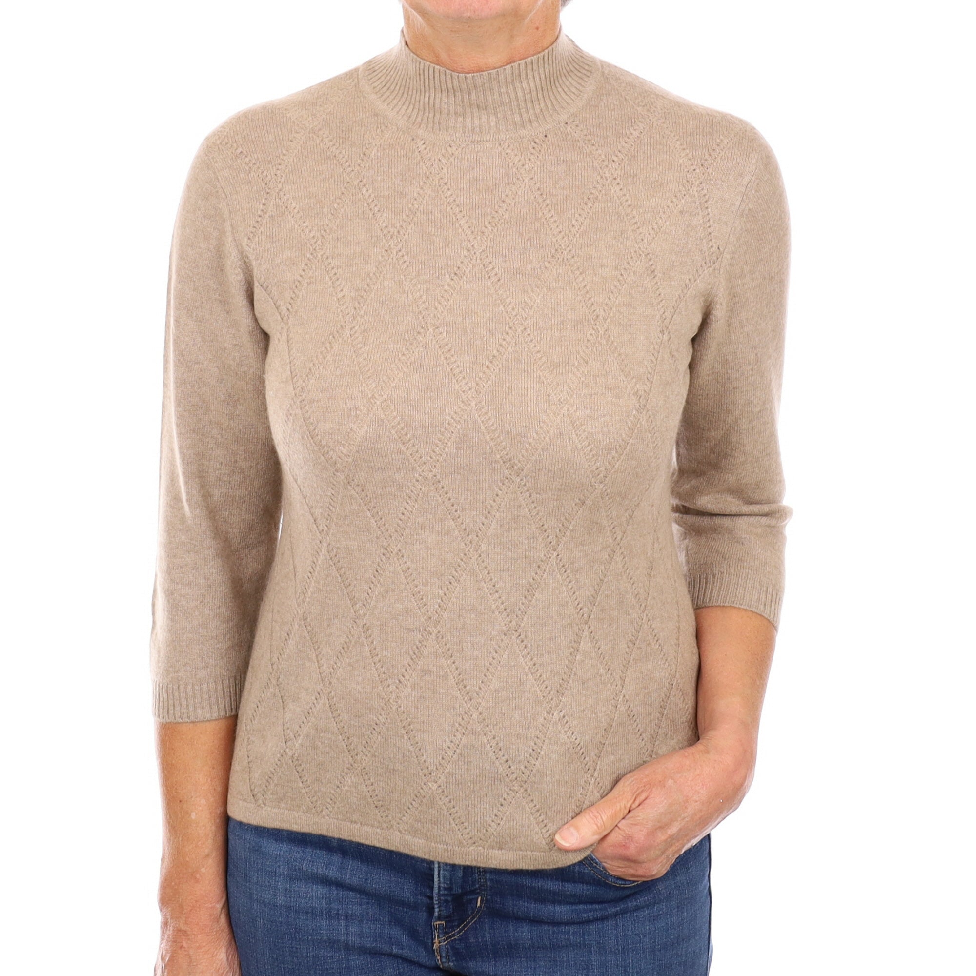 Taupe Brown Diamond Lace Cashmere Turtle Neck Jumper Medium