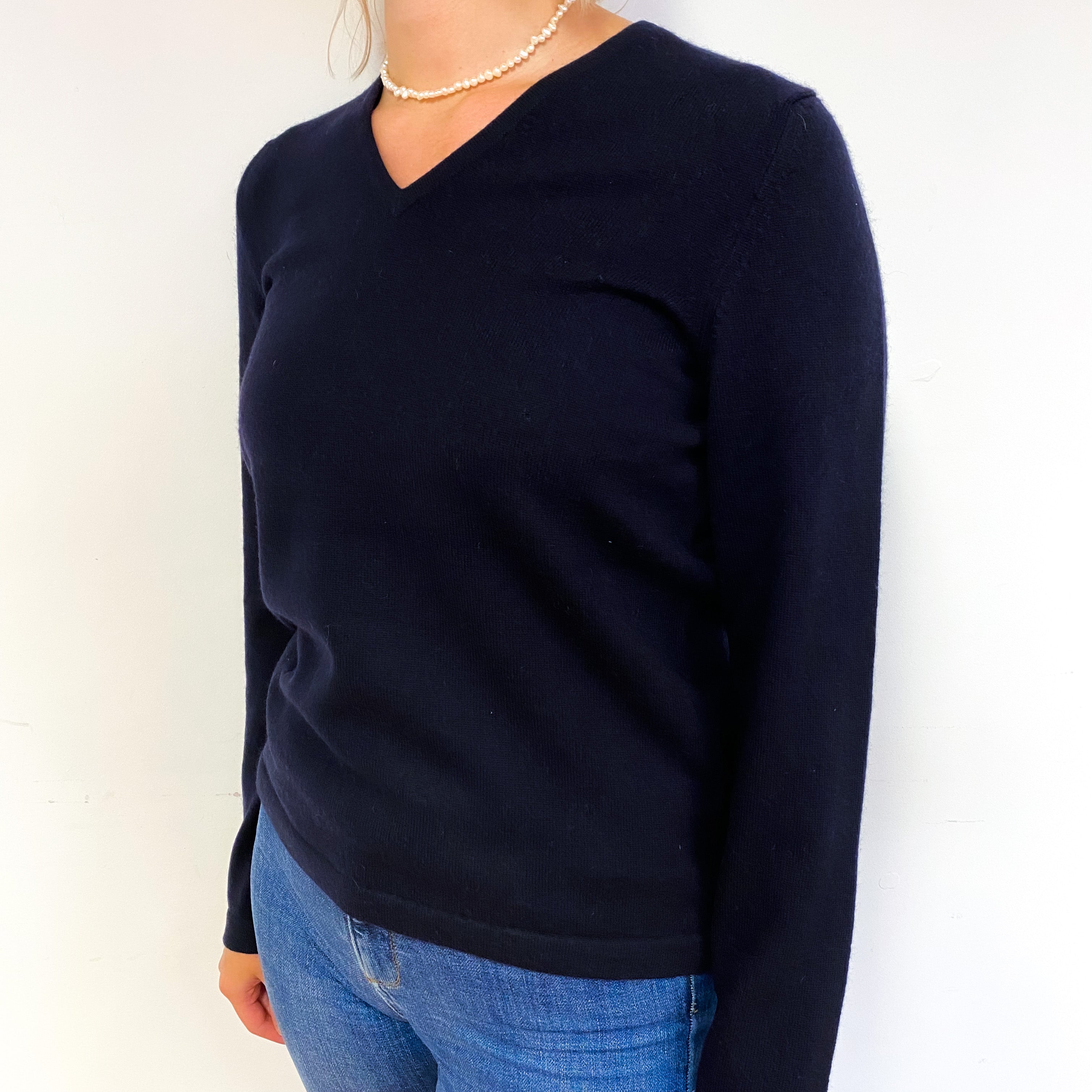 Dark Navy Blue Cashmere V-Neck Jumper Small