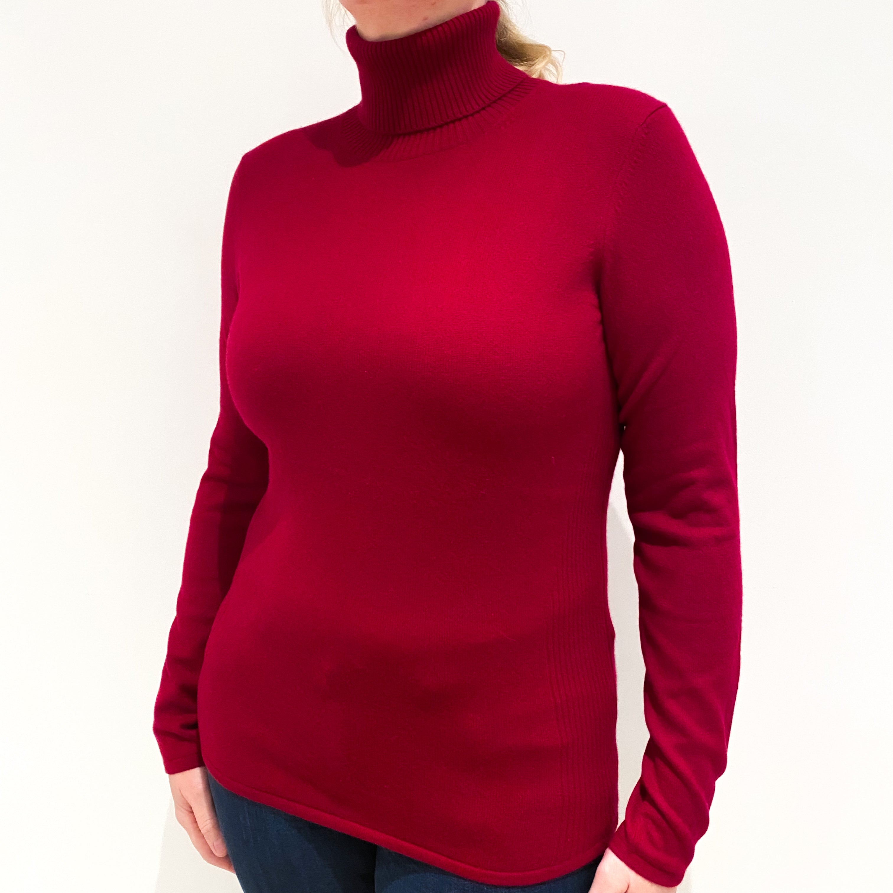 Crimson Red Cashmere Polo Neck Tunic Style Jumper Large