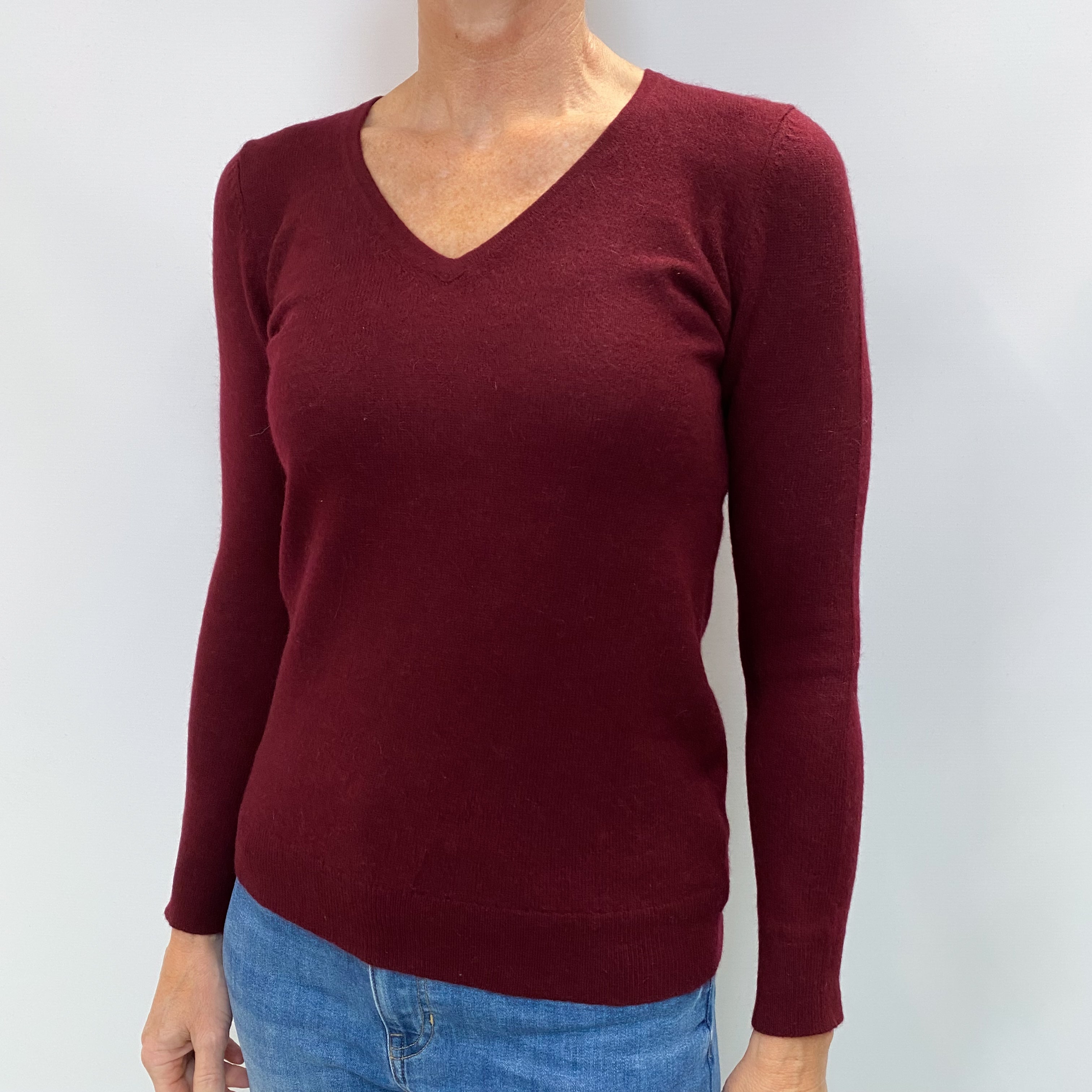 Burgundy Red Cashmere V Neck Jumper Small