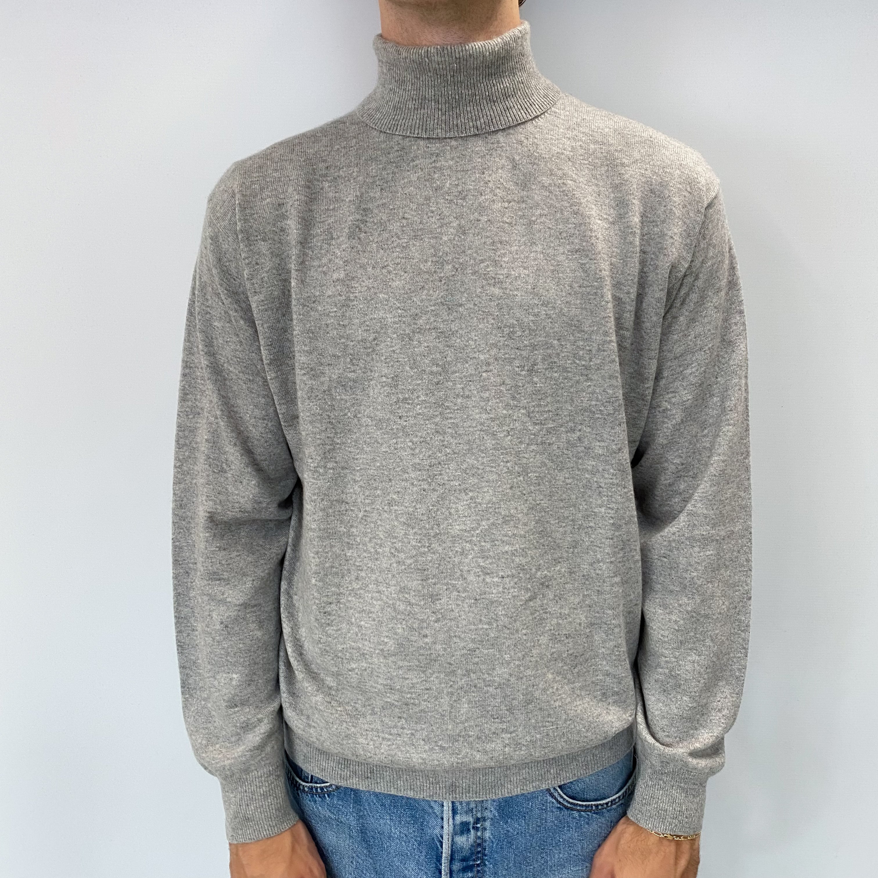 Men's Smoke Grey Cashmere Polo Neck Jumper Large