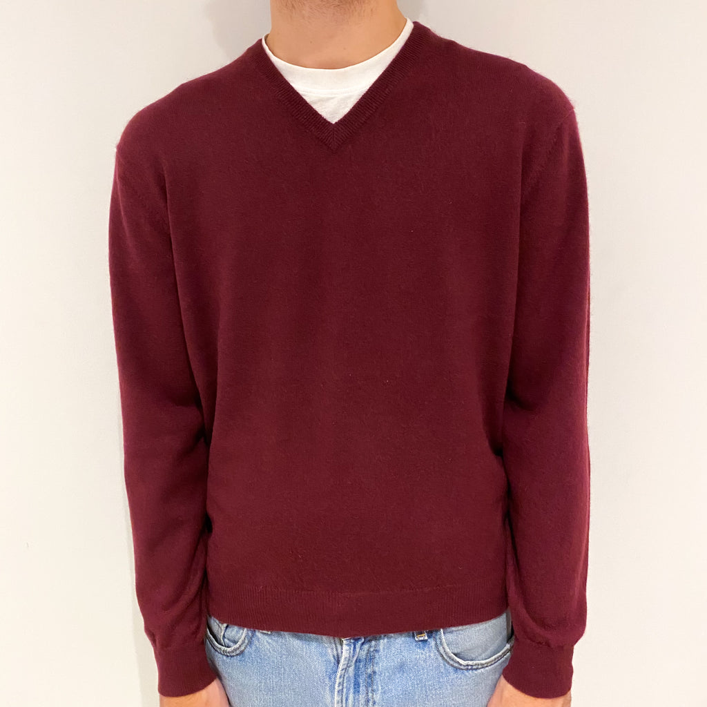 Men's Wine Red Cashmere V-Neck Jumper Large