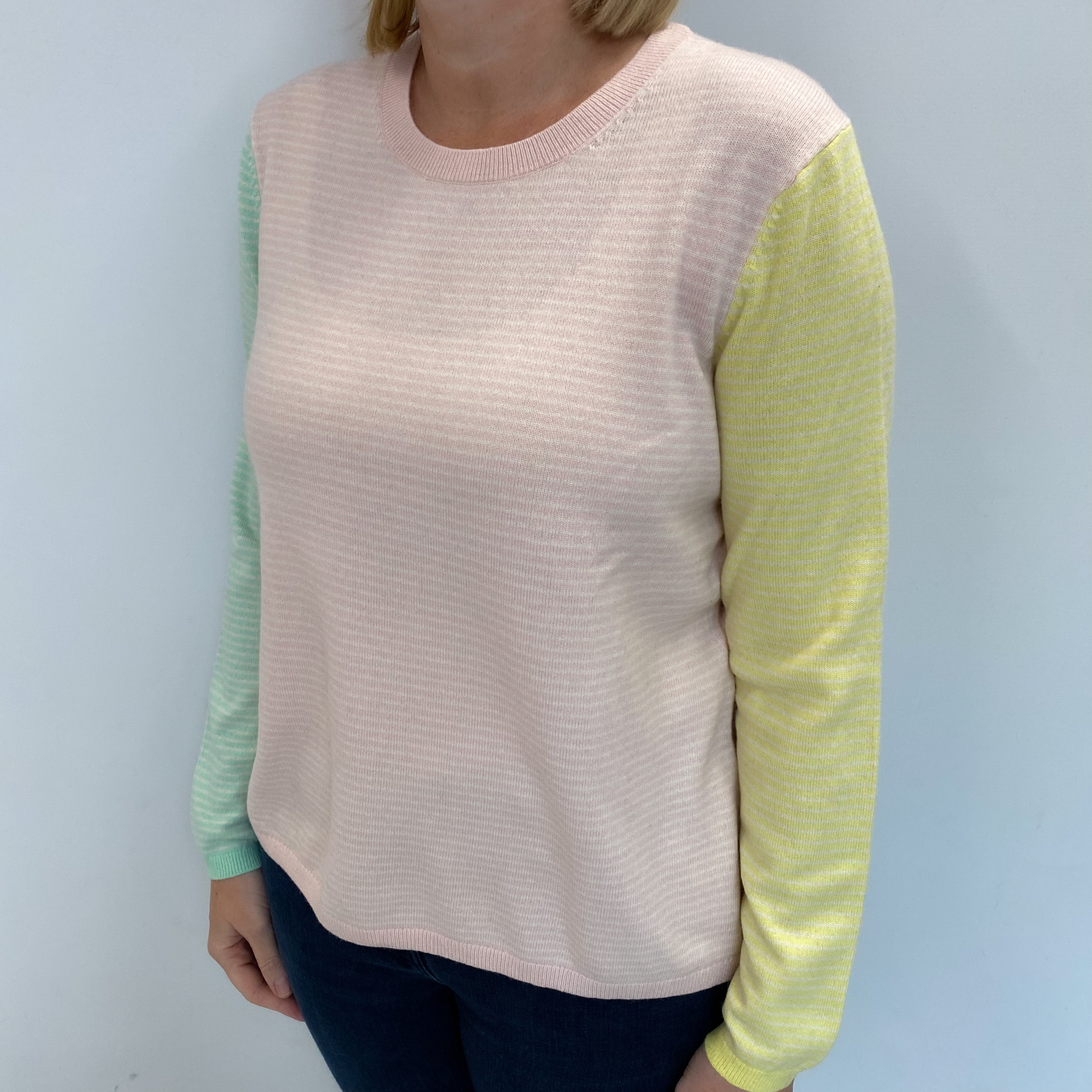 Shell Pink Striped Cashmere Crew Neck Jumper Large