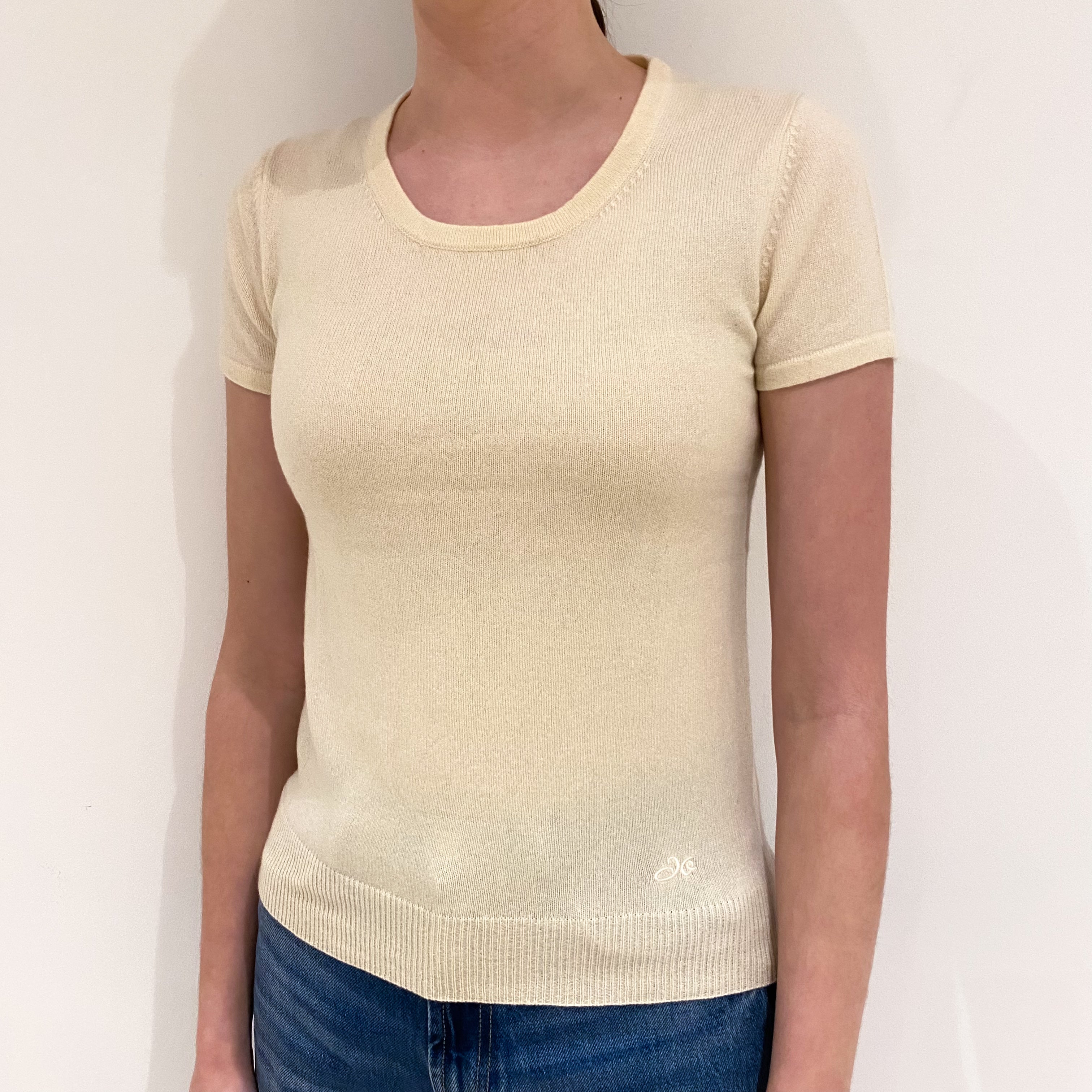 Ivory Cream Cashmere Short Sleeved Crew Neck Jumper Extra Small