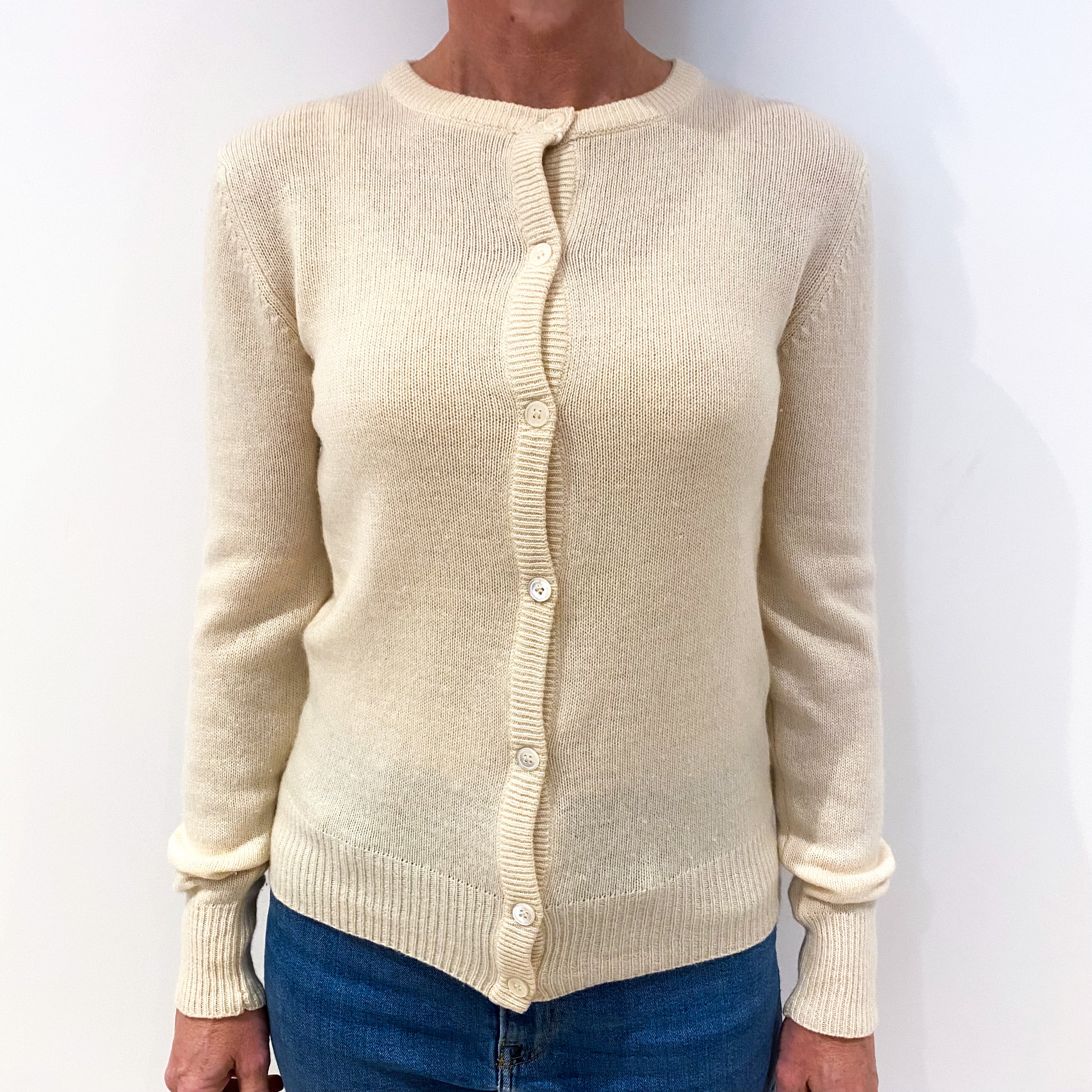 Vintage Ivory Cream Cashmere Crew Neck Cardigan Small